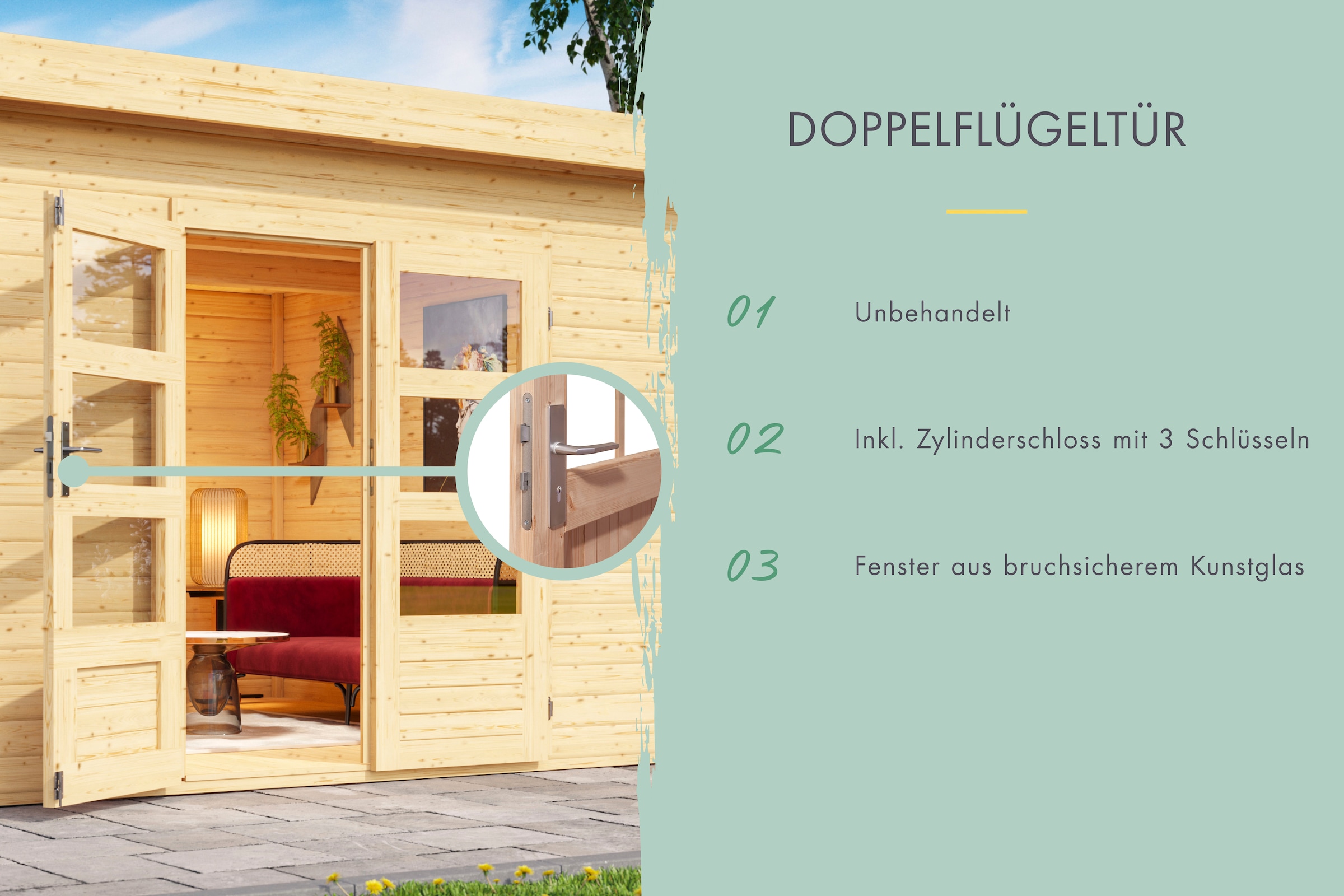 Karibu Gartenhaus »Schloßsee 3« mit Anbaudach und Rückwand
