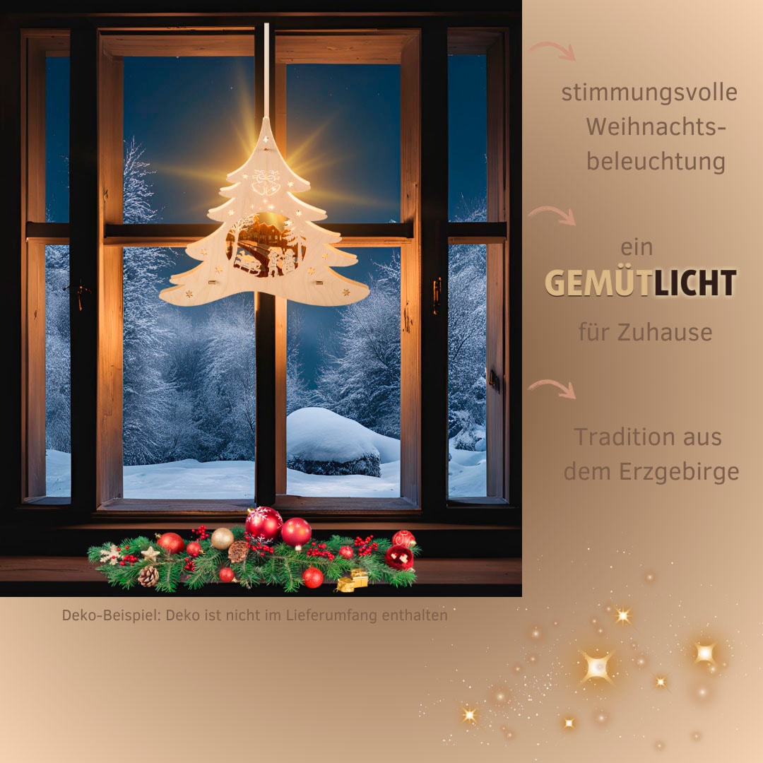 Weigla Dekobaum »beleuchtetes Fensterbild Tannenbaum Winterspaß, NATUR-BRAUN«, Erzgebirge garantiert, Weihnachtsdeko Innen, Weihnachtsbeleuchtung