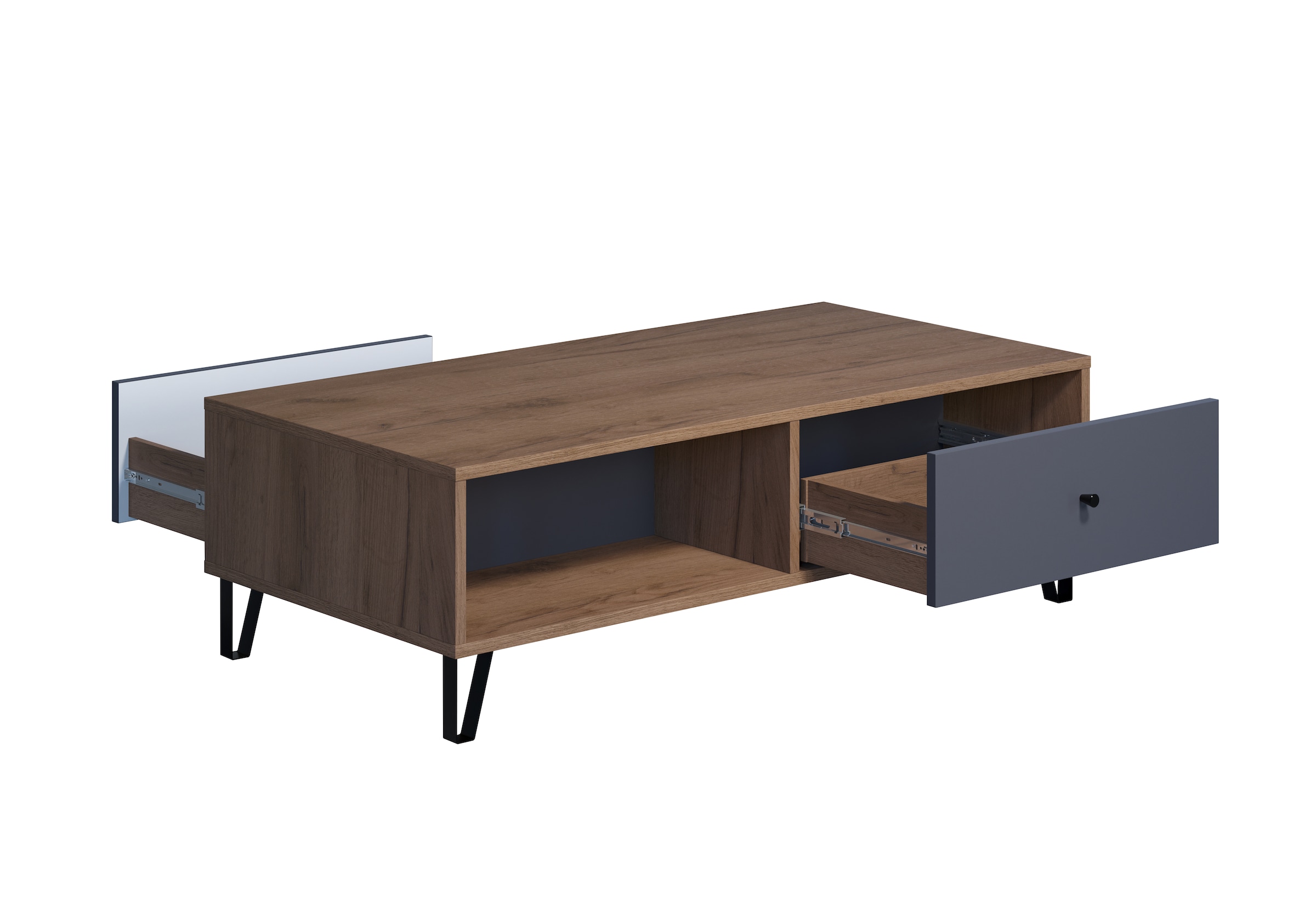 Places of Style Couchtisch »Molveno«, (1 St.), Sofatisch mit 2 Fächern, Schubladen und extravaganten Metall-Füßen