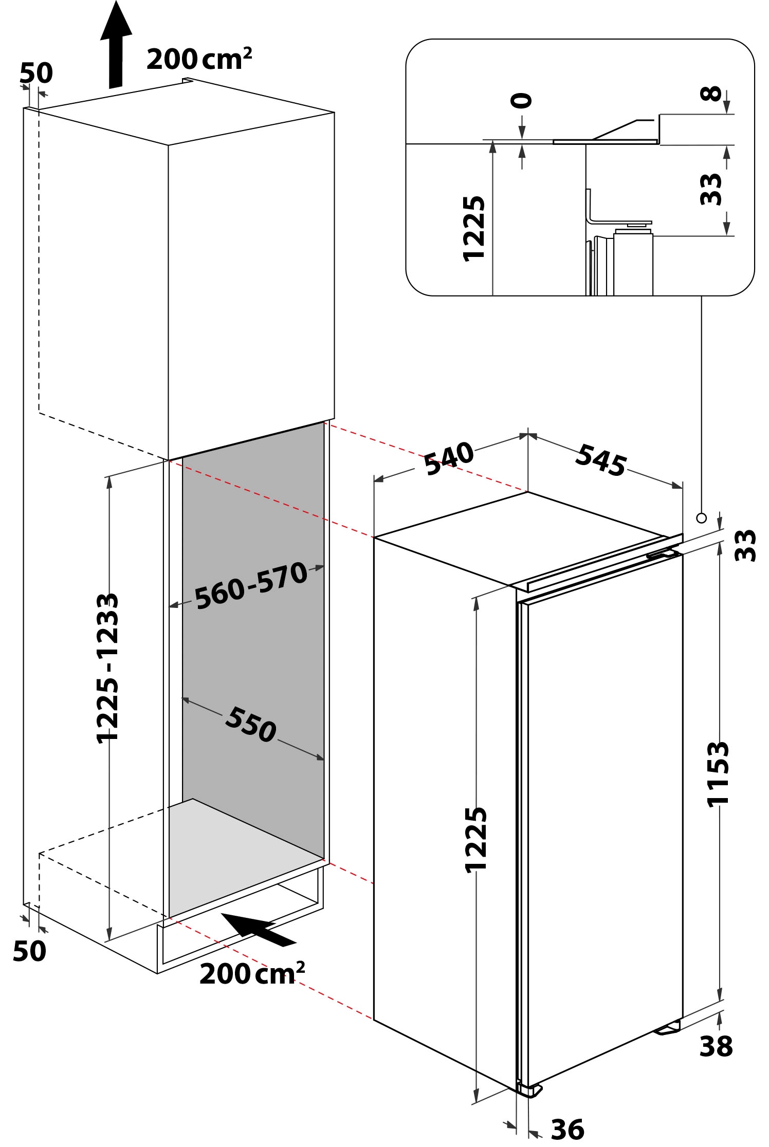 Privileg Einbaukühlschrank, PRC 12GF2E, 122,5 cm hoch, 54 cm breit