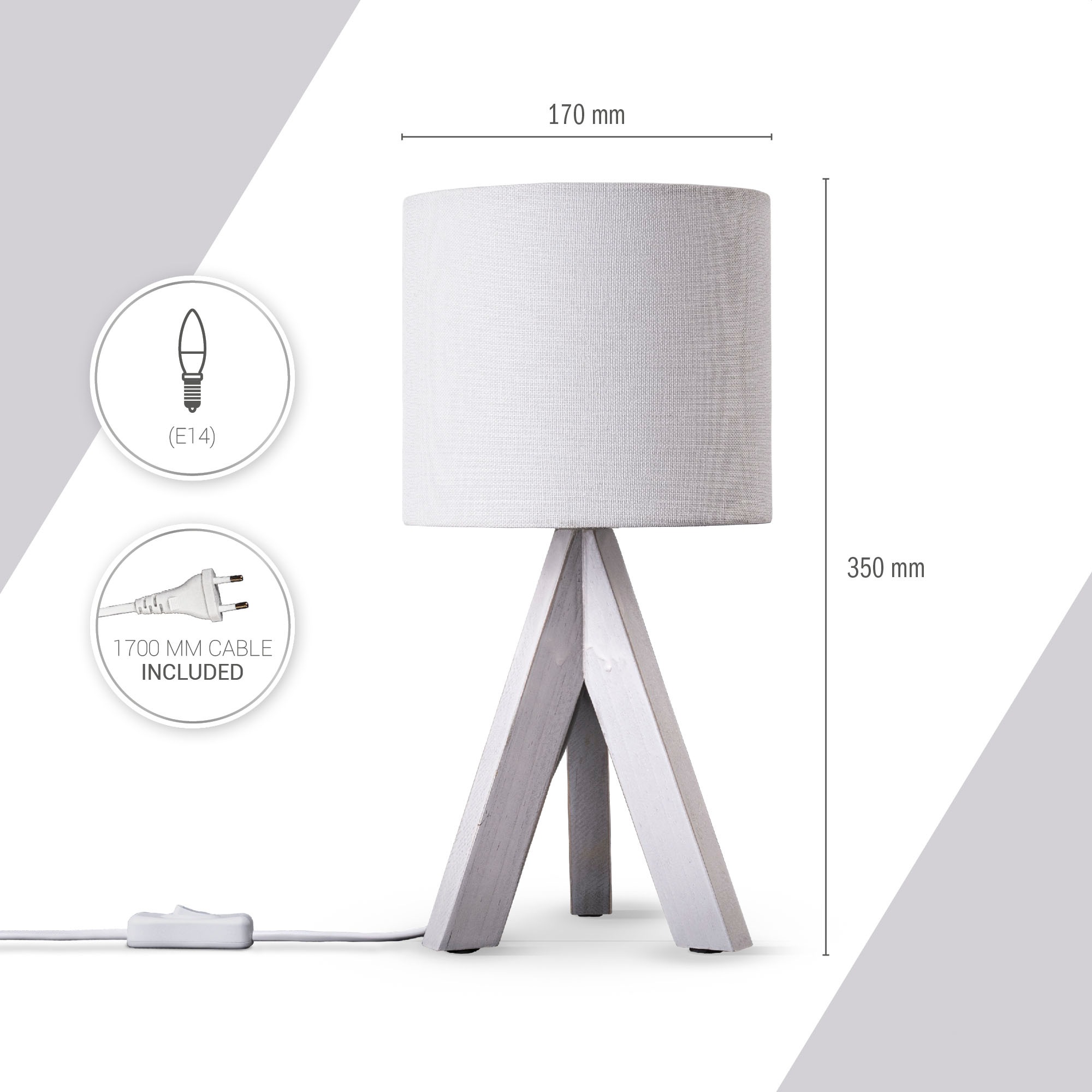 Paco Home Tischleuchte »BAJO CANVAS UNI COLOR«, 1 flammig, Leuchtmittel E14 | ohne Leuchtmittel, Dreibein massiv Holz, Textilschirm uni Leinen, Ø 17 cm, H. 35 cm