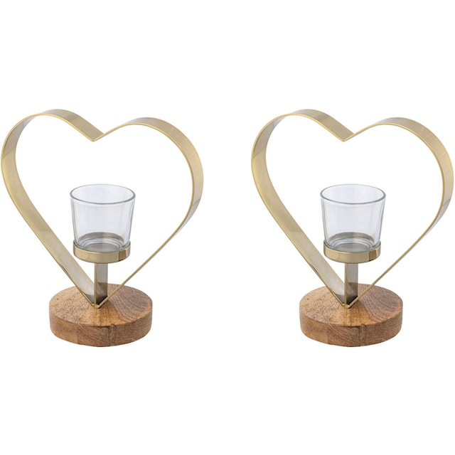 Creativ home Teelichthalter »Kerzenhalter Herz«, (Set, 2 St.), aus Holz,  Edelstahl und Glas auf Rechnung bestellen