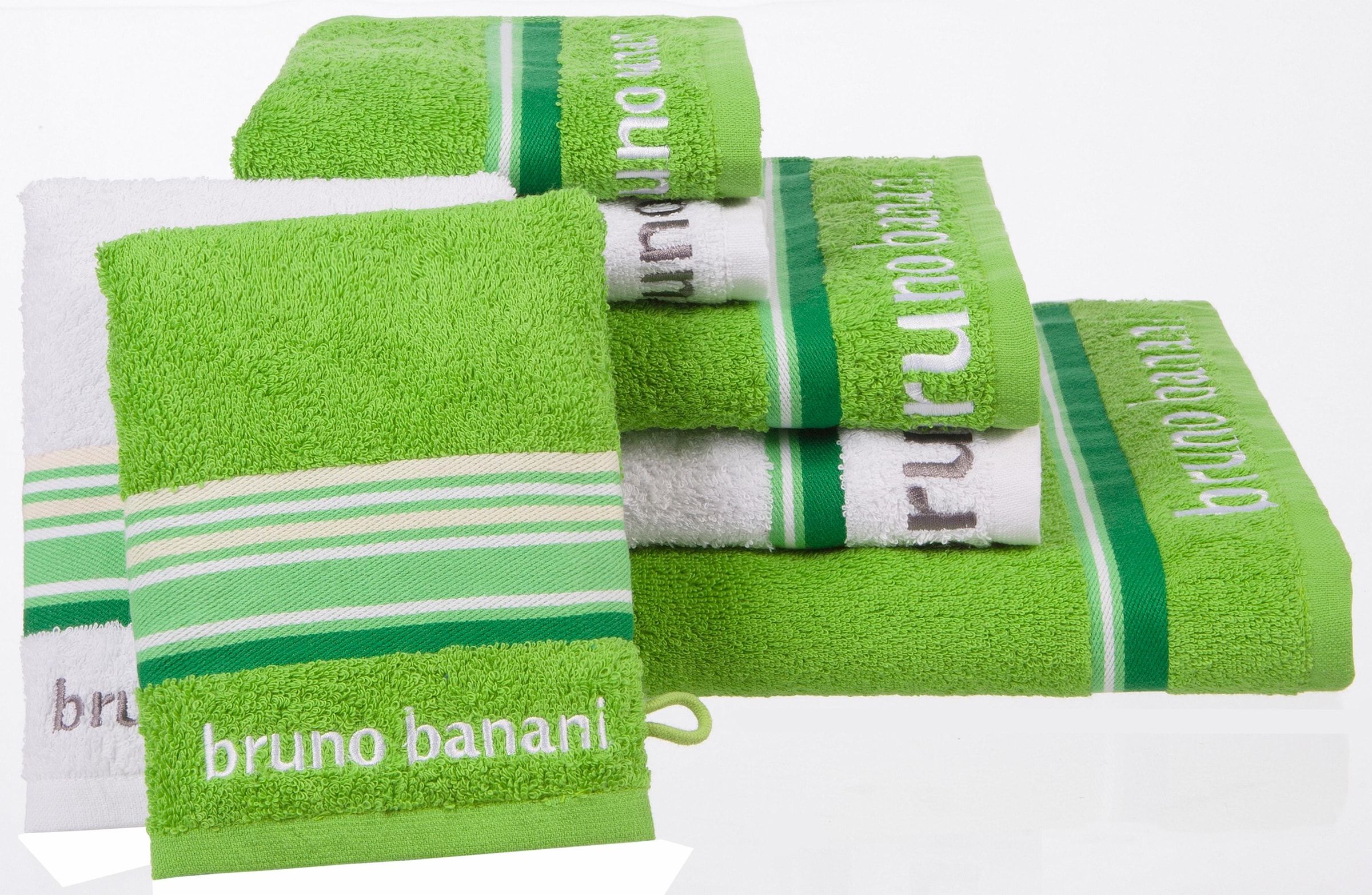 Bruno Banani Handtuch Set »Maja, 1 Duschtuch, 2 Handtücher, 2 Gästehandtücher, 2 Waschhandschuhe«, (Set, 7 St., 1 Duschtuch-2 Handtücher-2 Gästetücher-2 Waschhandschuhe), mit Bordüre und Markenlogo, 7 teiliges Handtücher Set, 100% Baumwolle