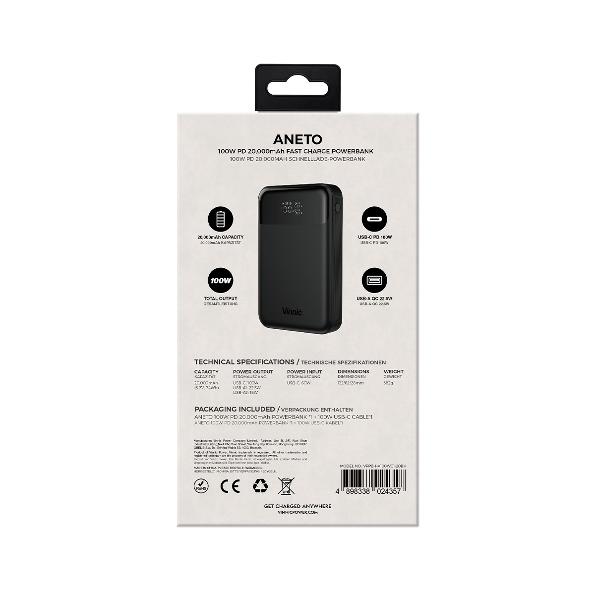 Vinnic Powerbank »ANETO 20.000 mAh 100W«, Vinnic ANETO 100W 20.000mAh Powerbank, Black, 20000 mAh