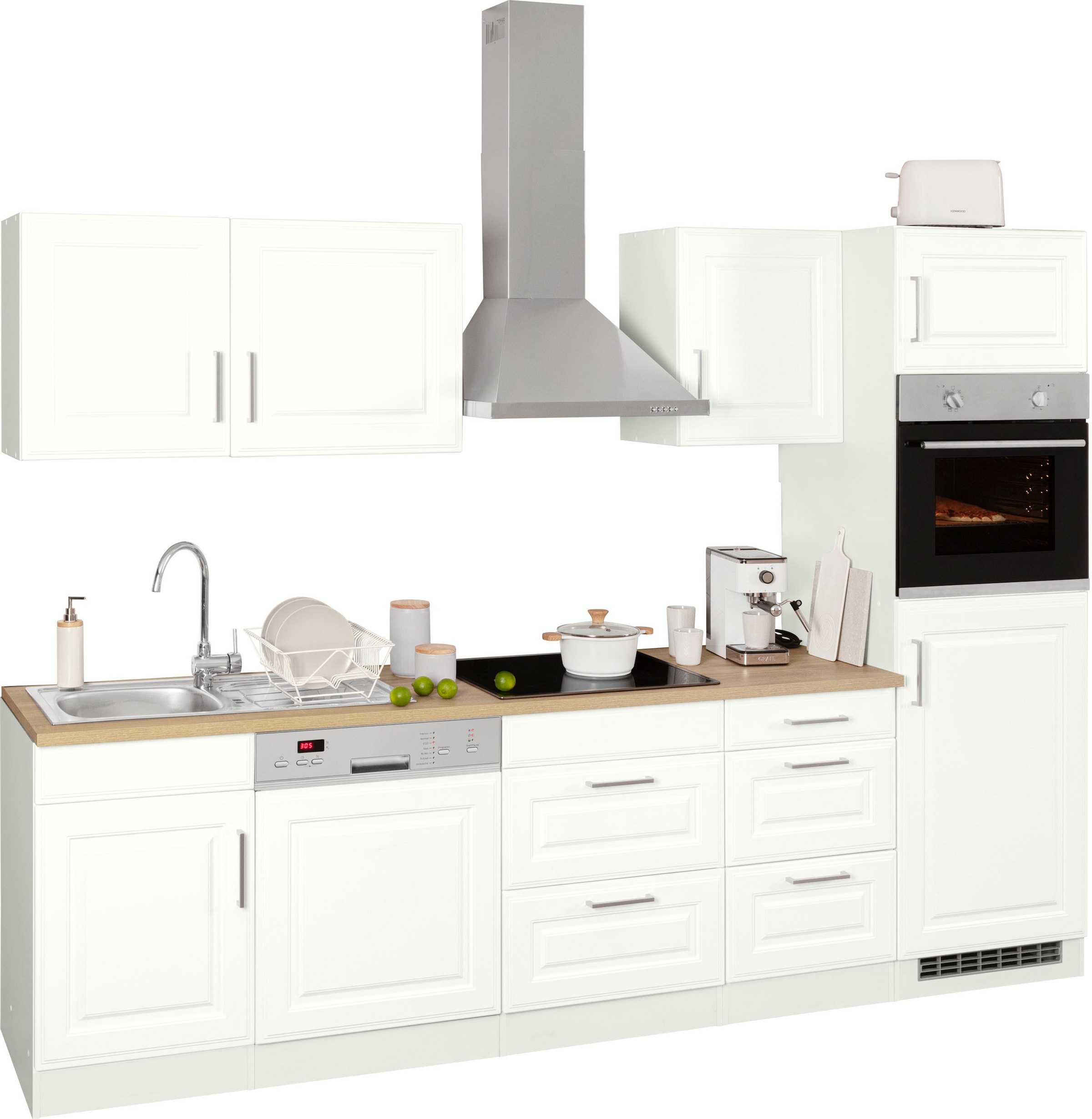 KOCHSTATION Küchenzeile »KS-Stockholm – Küche mit hochwertiger und detailreicher Landhausfront« Breite 280 cm, wahlweise mit E-Geräten,mit MDF-Fronten