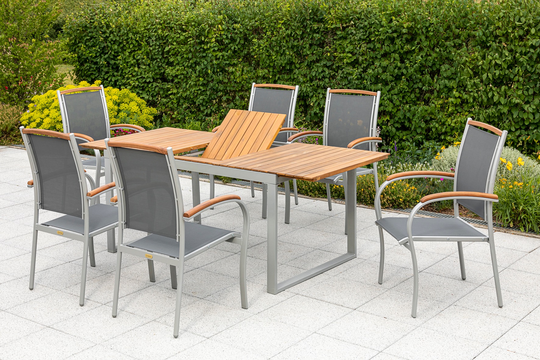 MERXX Garten-Essgruppe »»Siena««, (Set, 7 tlg., Pulverbeschichtetes Aluminiumgestell, Tischplatte aus Akazienholz), Ausziehtisch: LxB: 150-200 x 90 cm