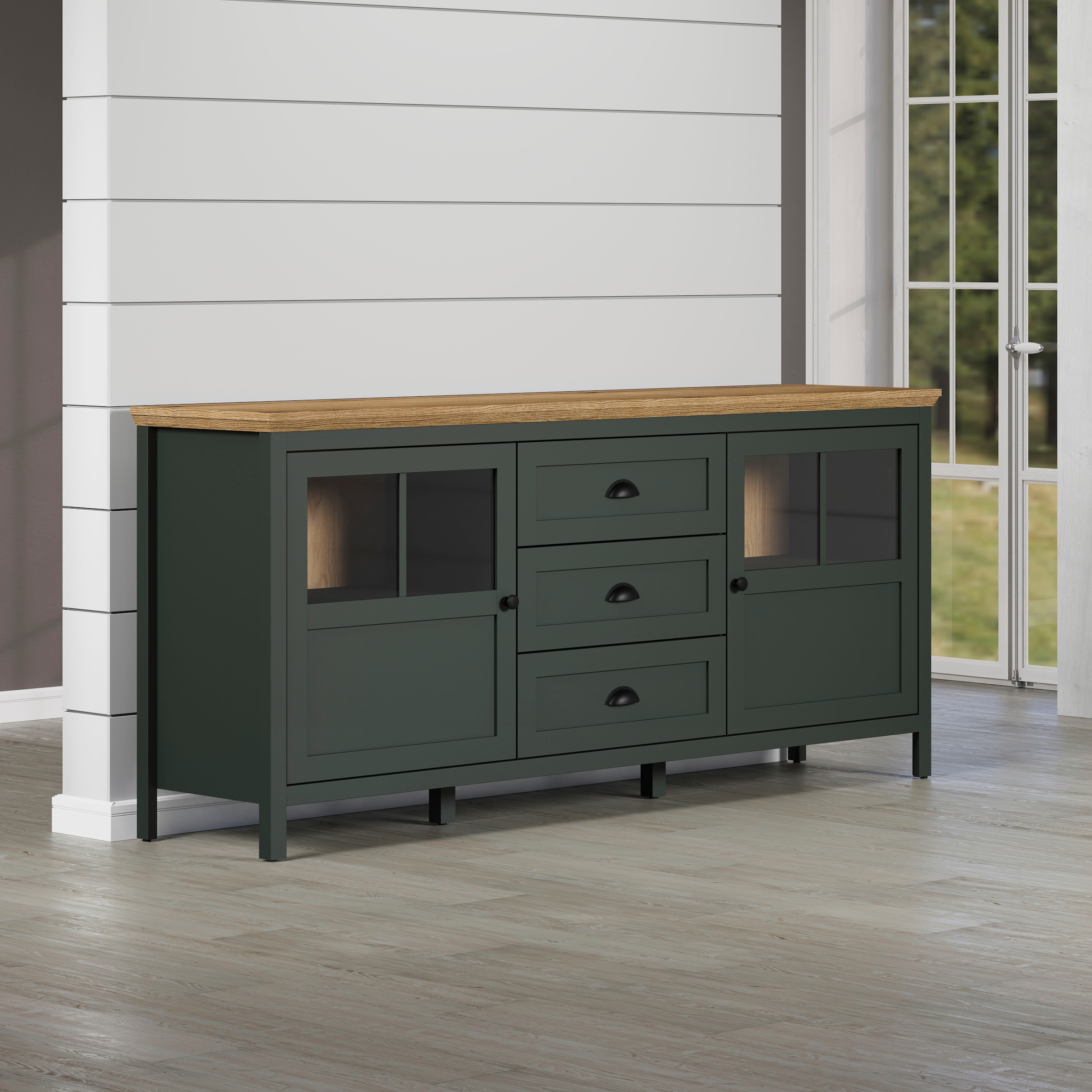 Home affaire Sideboard »Vienna« 1 Stk. tlg. Kommode im Landhausstil - Beleuchtung, Glastüren - B/T/H 185/45/86 cm