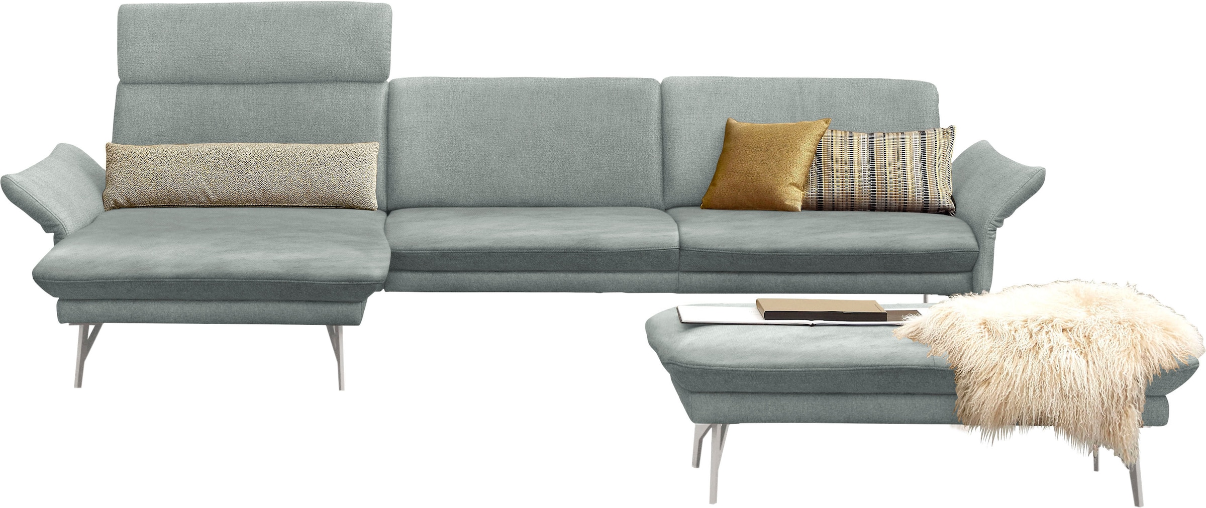 Ecksofa »1928«, (Sofa mit oder ohne Hocker auswählen!), mit Hocker, Füße Edelstahloptik