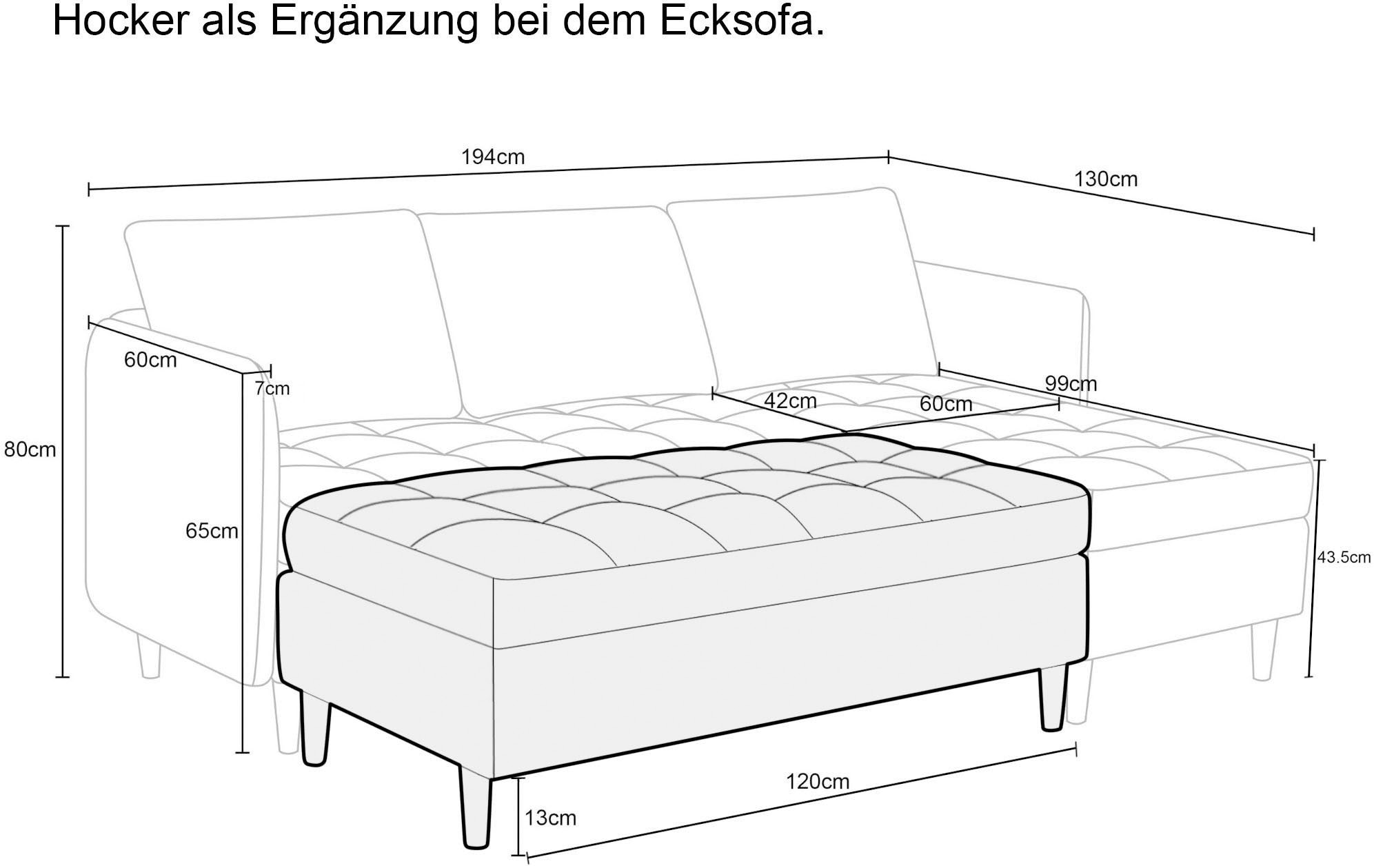 Dorel Home Ecksofa »LINDHUS, Cord, L-Form, Breite 194cm, verschiedene Stellvarianten« Recamiere, Stauraum, Modulsofa