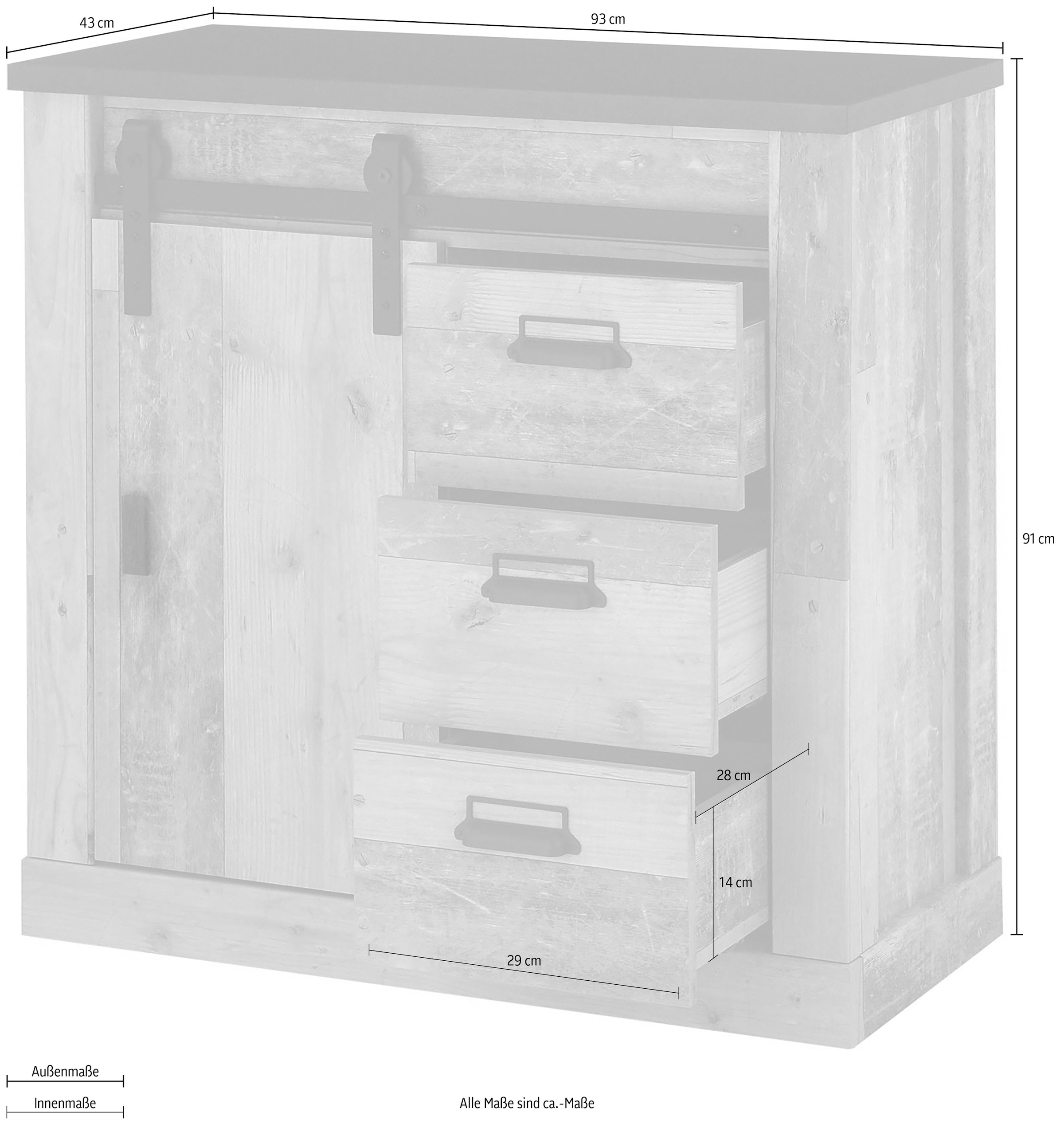 Home affaire Kommode »SHERWOOD«, Holz Dekor, mit Scheunentorbeschlag und Apothekergriffen, Breite 92 cm