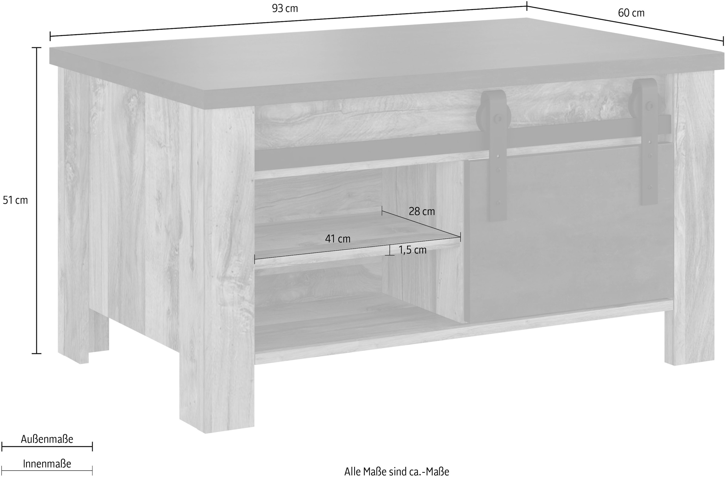 Home affaire Couchtisch »York, Beistelltisch, Wohnzimmertisch mit Scheunentorbeschlag«, mit Ablagemöglichkeiten, in Hunton Oak und Anthrazit