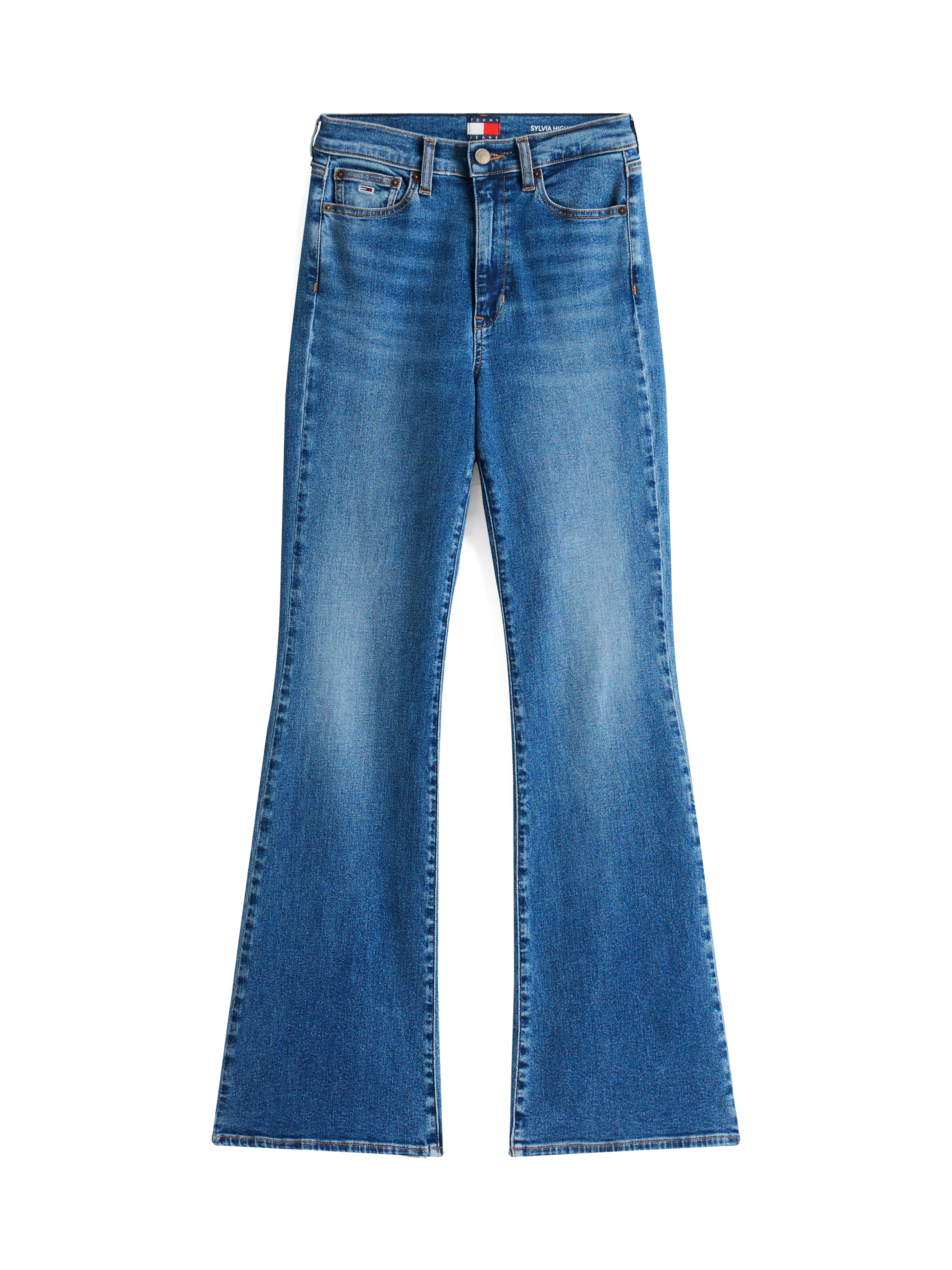 Tommy Jeans Bootcut-Jeans »SYLVIA HGH FLR«, Weite Beinform und Logo Stickerei auf der Gesäßtasche