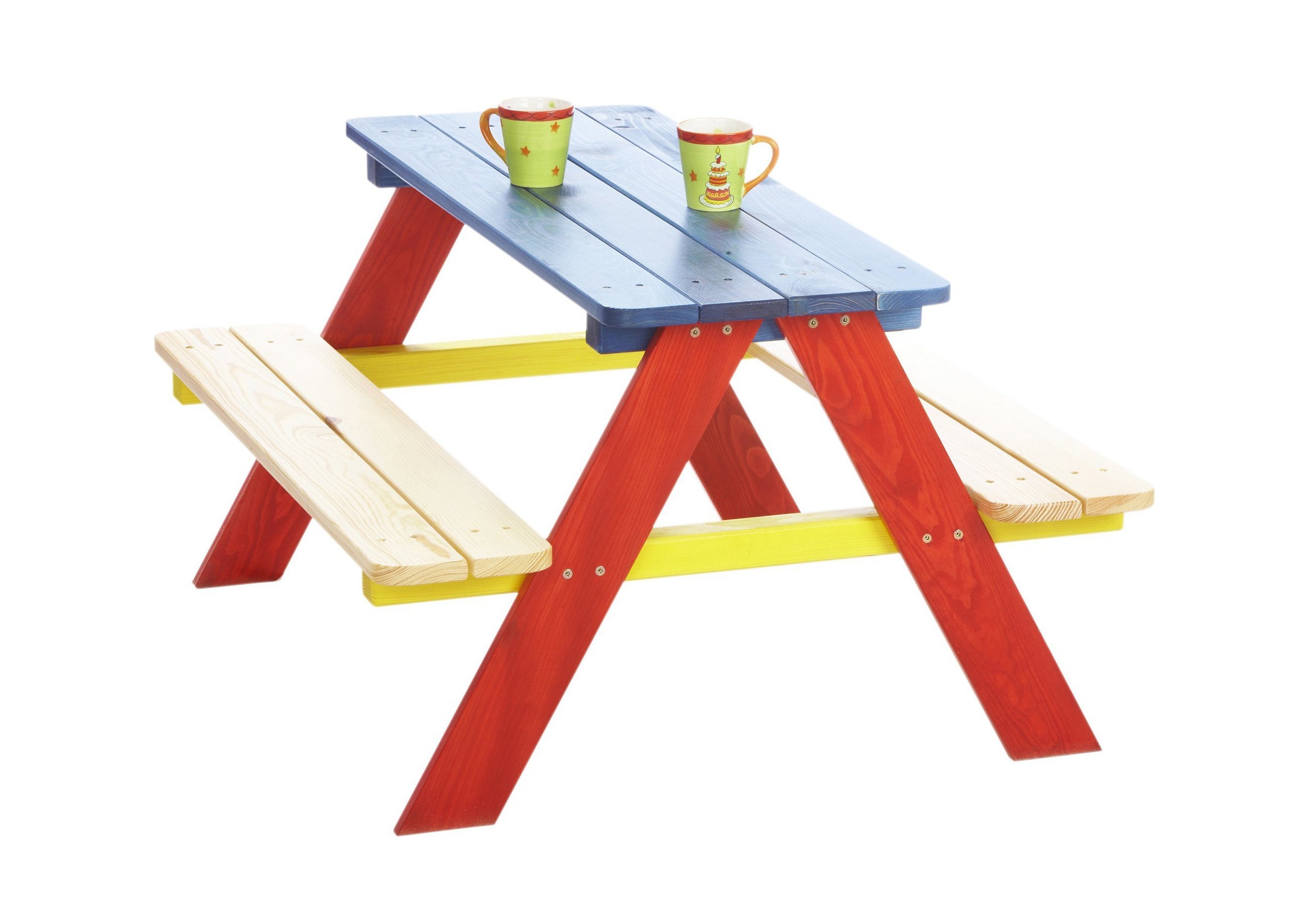 bunte Gartensitzbank inklusive Tisch für Kinder