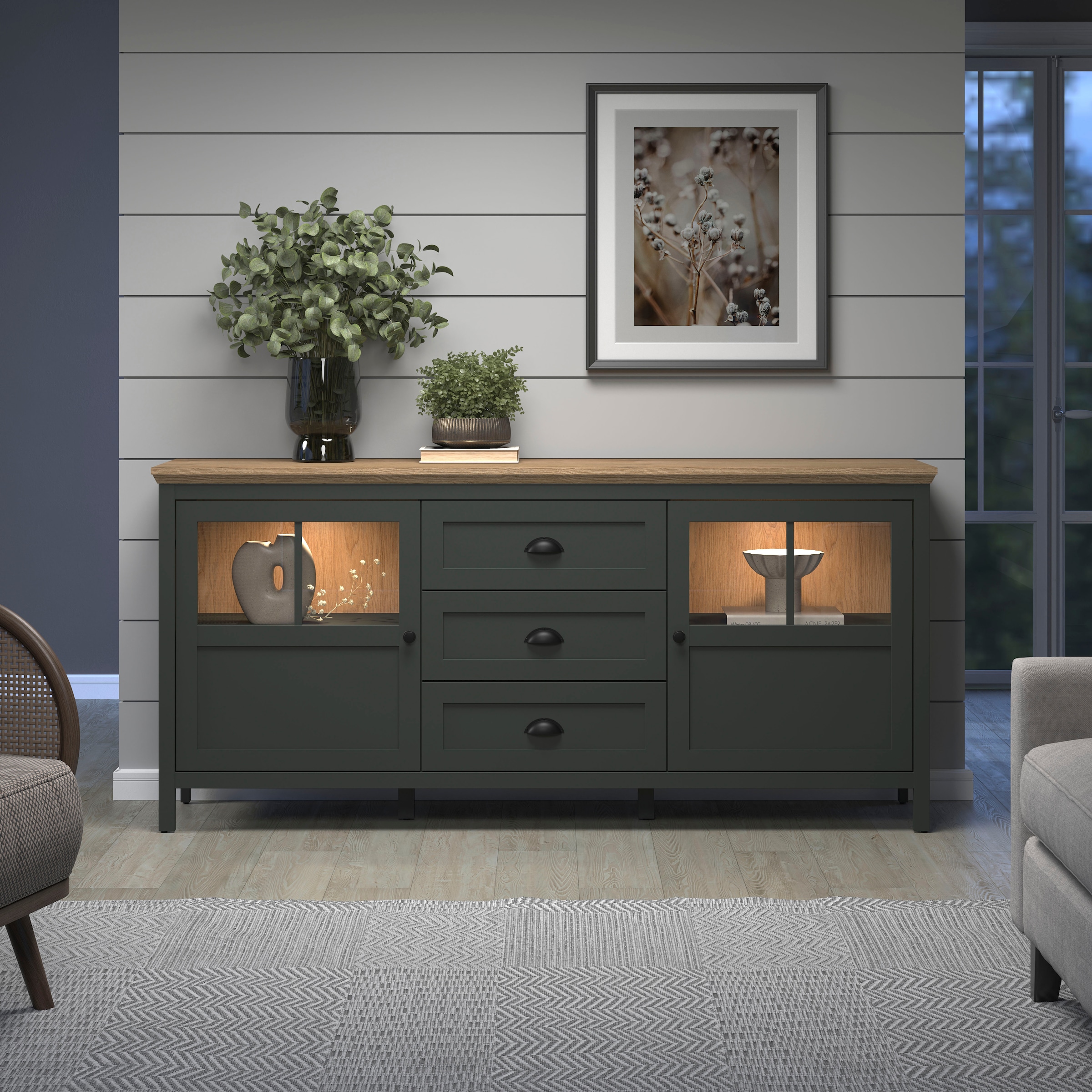 Home affaire Sideboard »Vienna« 1 Stk. tlg. Kommode im Landhausstil - Beleuchtung, Glastüren - B/T/H 185/45/86 cm