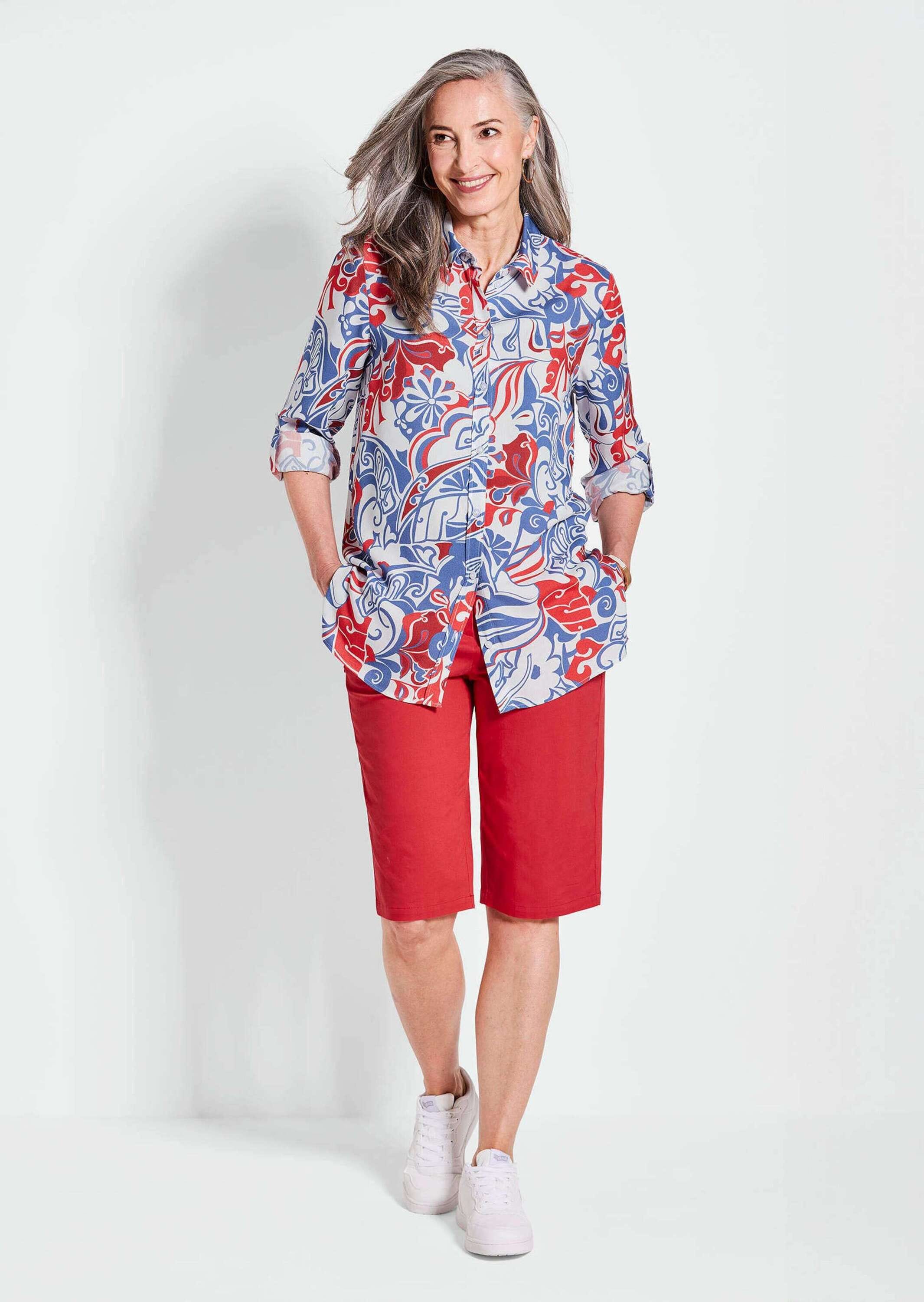 GOLDNER Hemdbluse »Kurzgröße Hemdbluse mit floralem Muster und Hemdkragen«