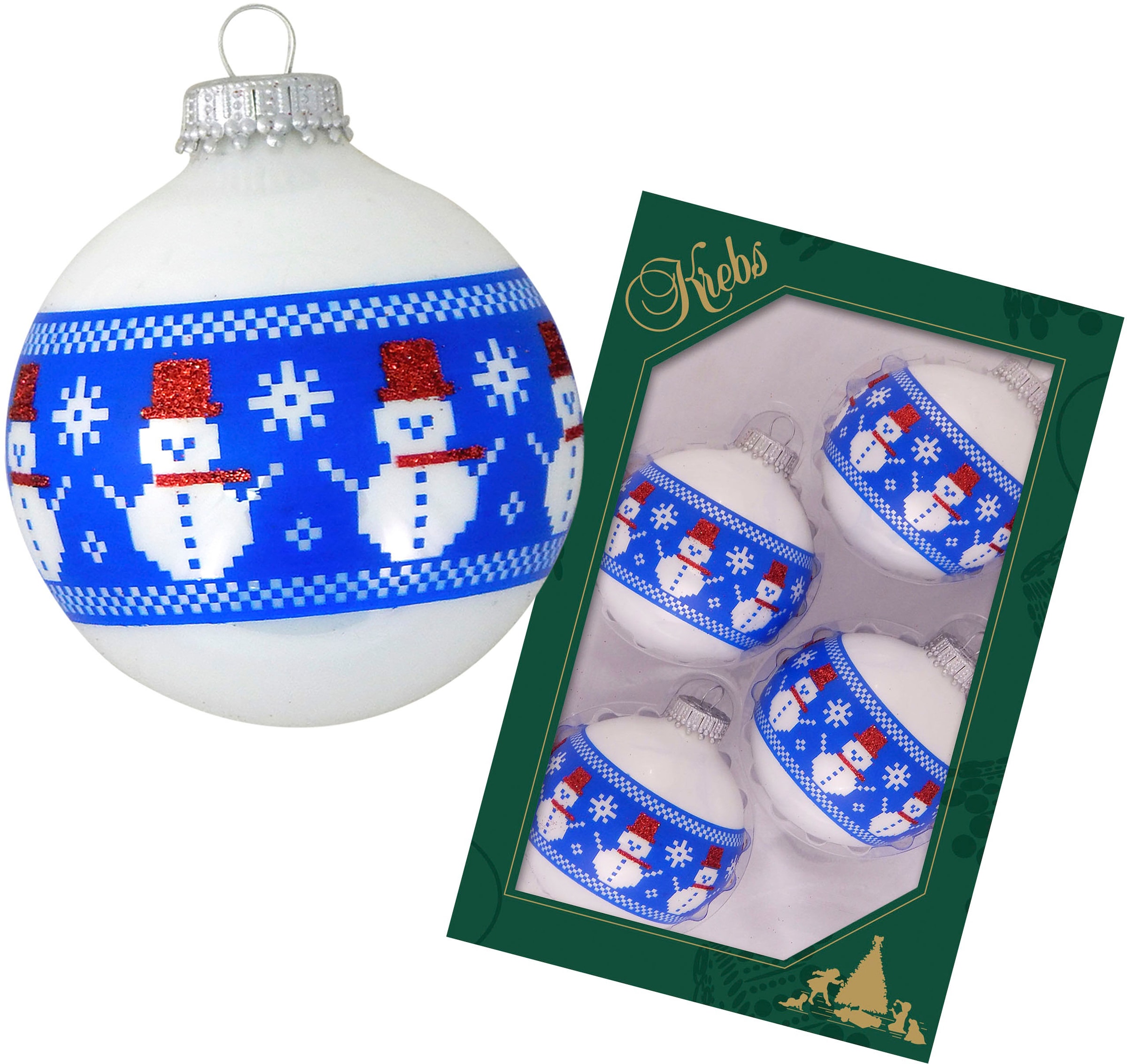 Krebs Glas Lauscha Weihnachtsbaumkugel »Glaskkugeln mit "genähtem" Schneemann Band«, (Set, 4 St.), Weihnachtsdeko, Christbaumschmuck, Christbaumkugeln aus Glas