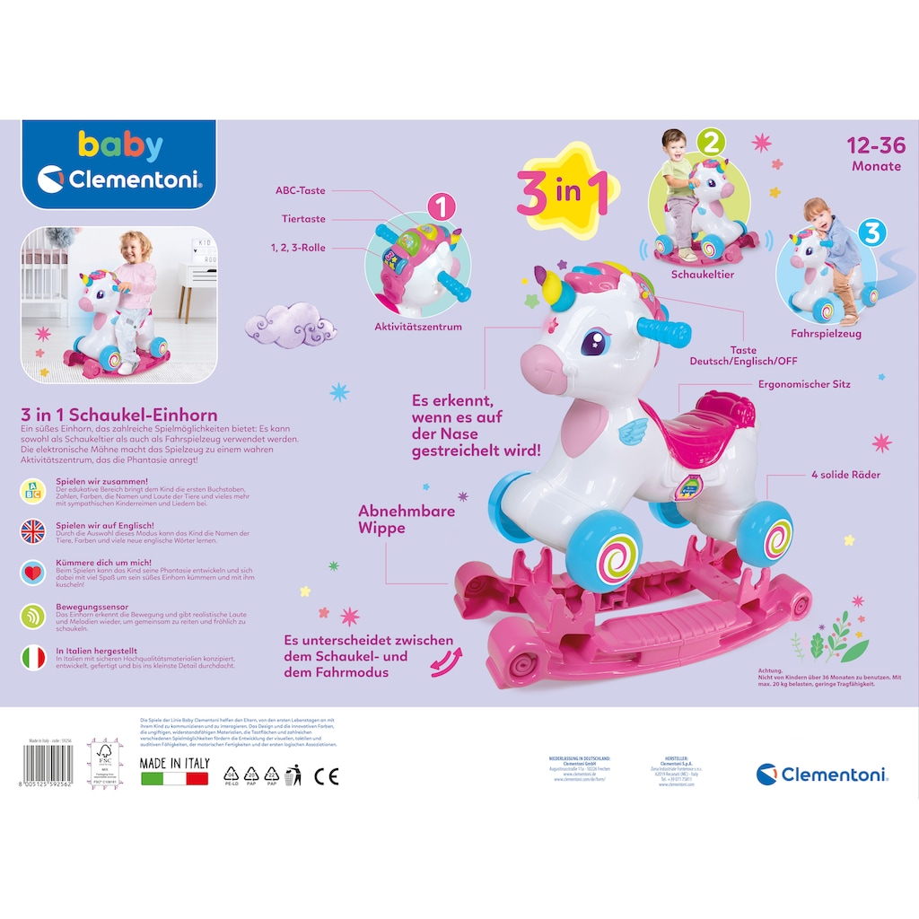 Clementoni® Schaukeltier »Baby Clementoni, Schaukel-Einhorn 3in1«