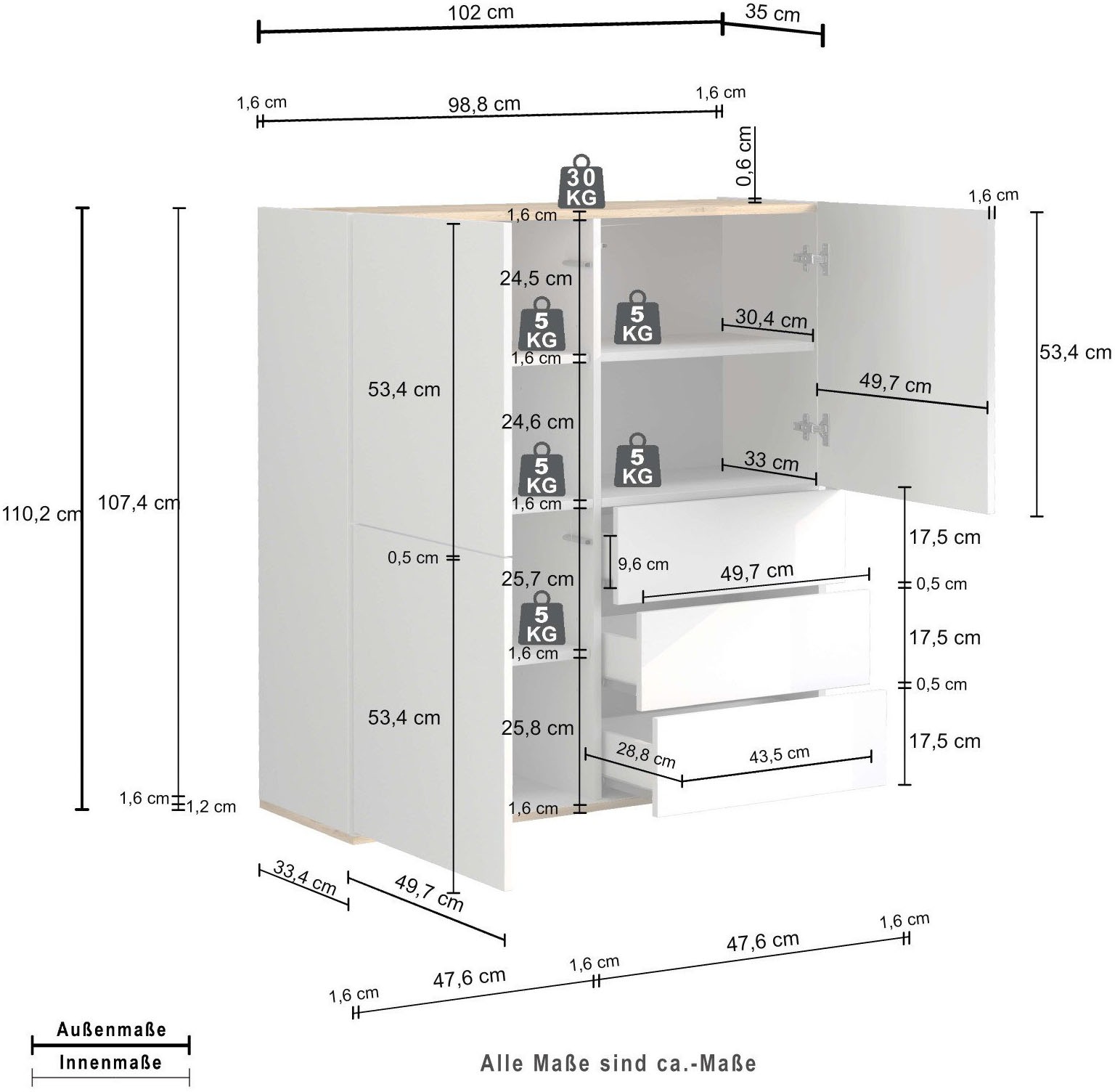 OTTO home Highboard »GARDA ,Kommode, Made in Italy, Breite 102 cm, Höhe 110 cm, grifflos« 1 Stk. tlg. Hochglanzlackierte Fronten, Korpus matt, grifflos