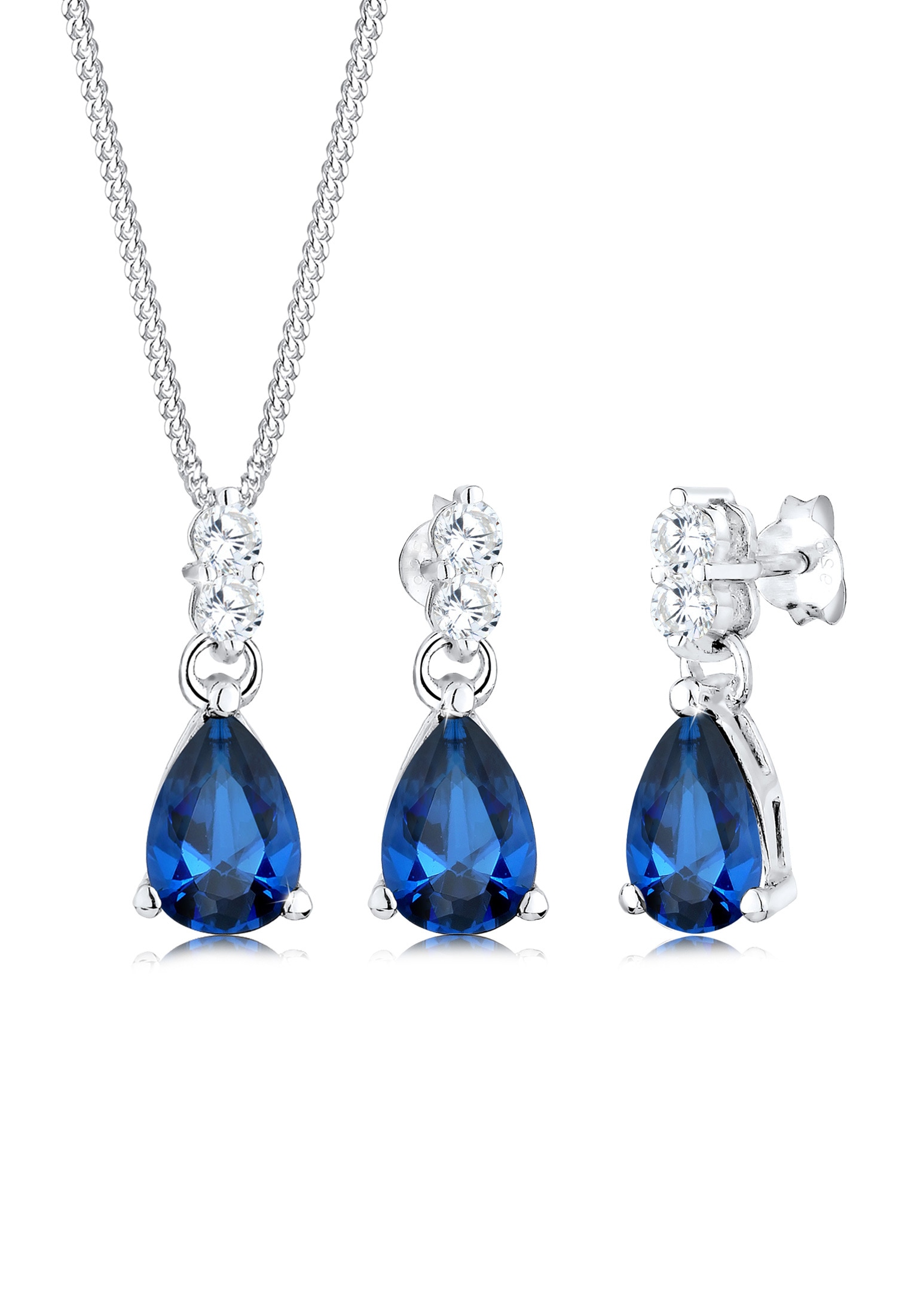 Elli Premium Ohrring und Ketten Set »Schmuckset Zirkonia Synthetischer Saphir Blau 925 Sterling Silber« ()