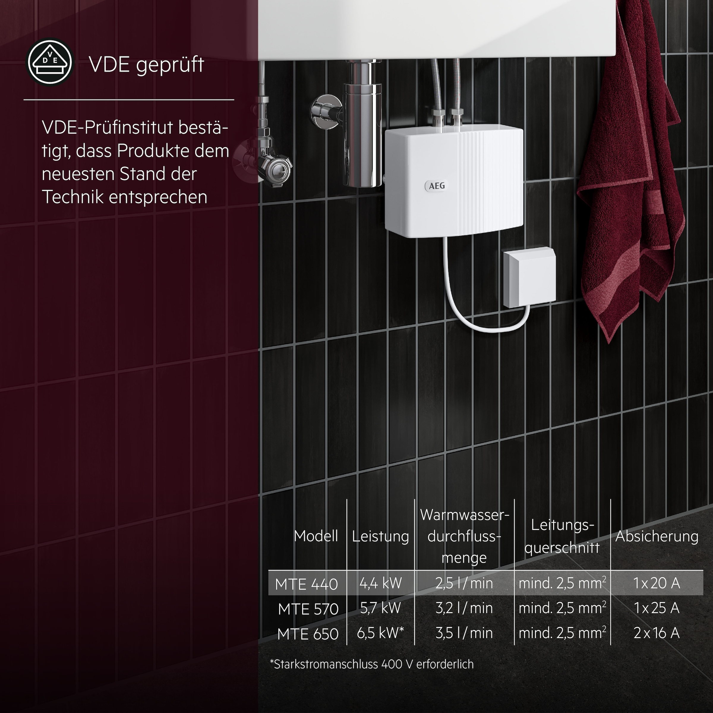 AEG Haustechnik Klein-Durchlauferhitzer »MTE 440 f. Handwaschbecken, 4,4 kW, o. Stecker« Festanschluss 230V, elektronisch, druckfest + drucklos