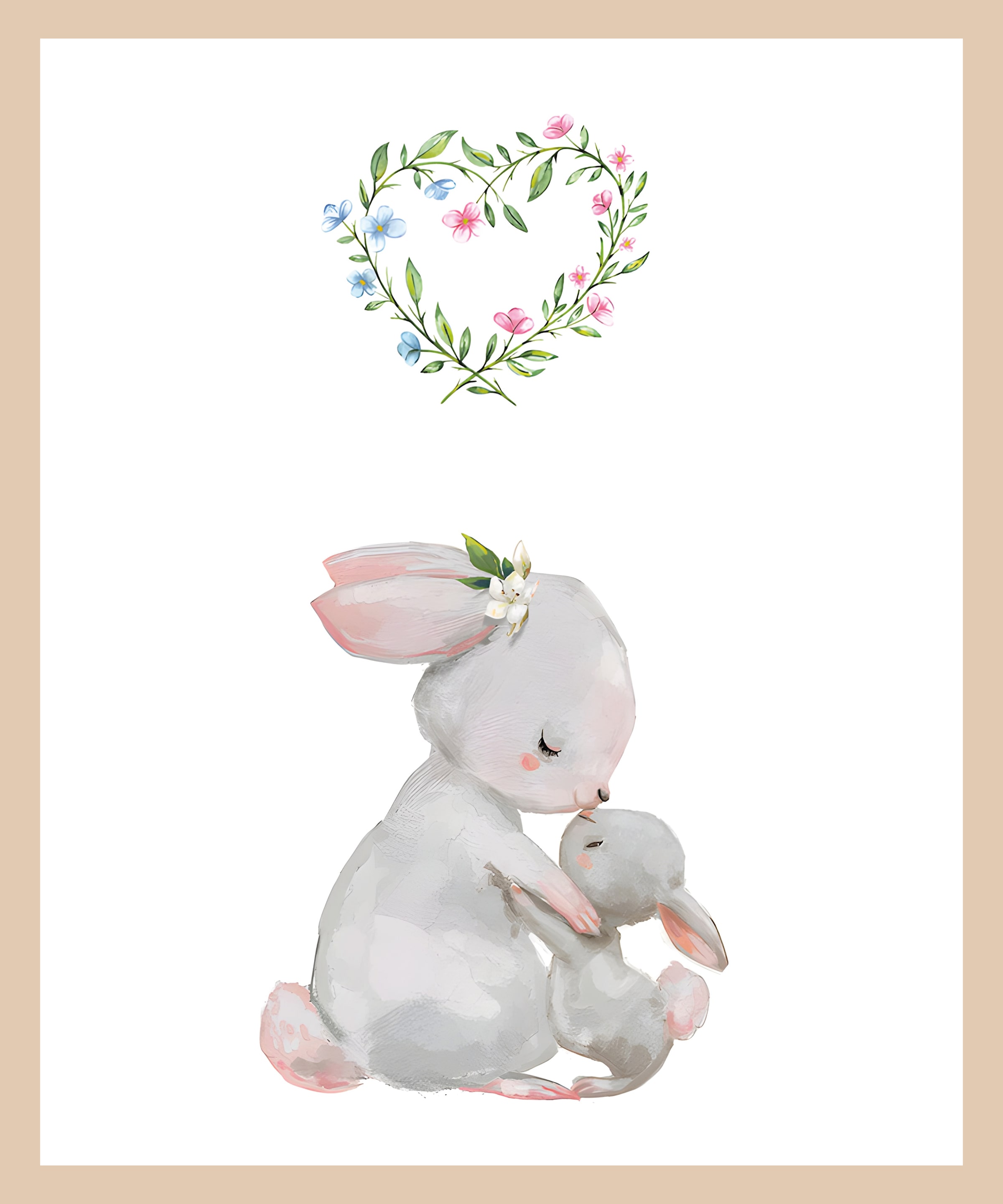 Lüttenhütt Bild mit Rahmen »Großer Hase und Hasenkind mit Herz«, Fantasy-Hase-Hasen-Herz-Herzen-Tiere, (1 St.), Premium Rahmenbild, Motive in wunderschönen Pastelltönen
