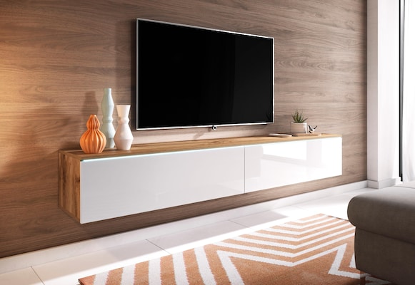 TV-Lowboard in Weiß Hochglanz mit Holzelement