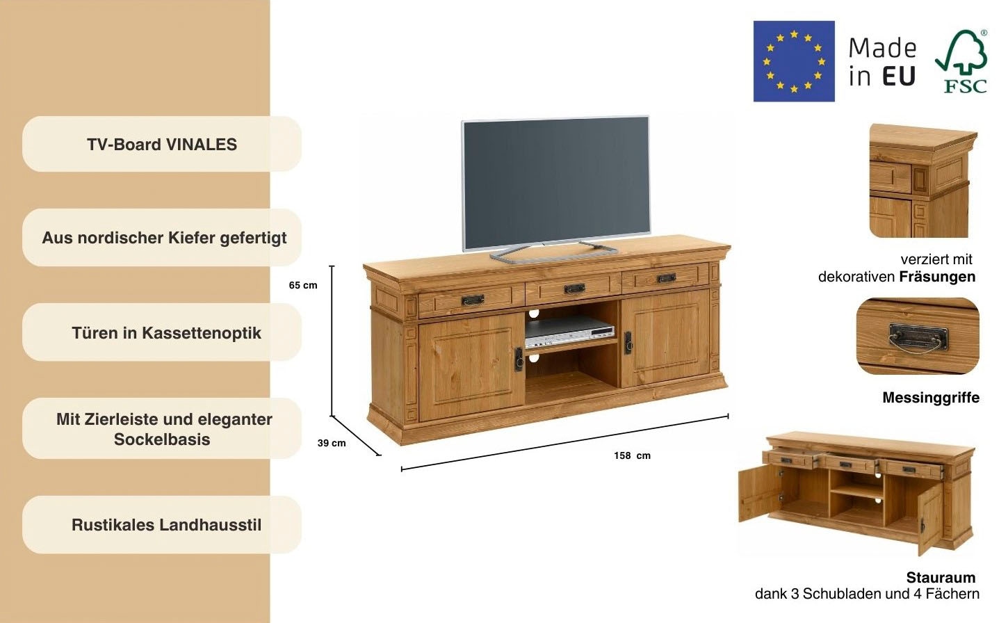 Home affaire TV-Board »Vinales« Breite 158 cm, mit 3 Schubladen