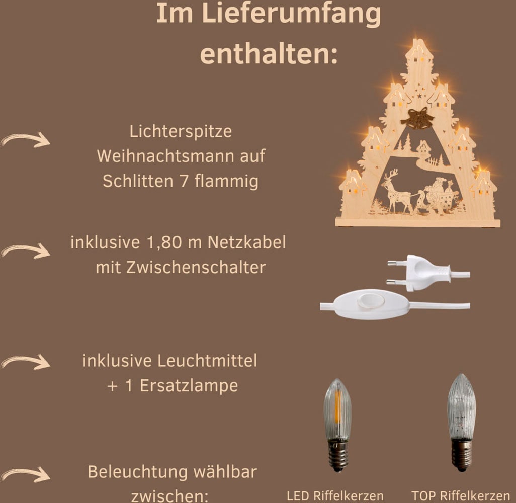 Weigla LED Schwibbogen »Weihnachtsmann auf Schlitten, Lichterspitze aus Holz, Made in Germany« 1 Stk. Erzgebirge garantiert, Weihnachtsdeko Innen, Weihnachtsbeleuchtung
