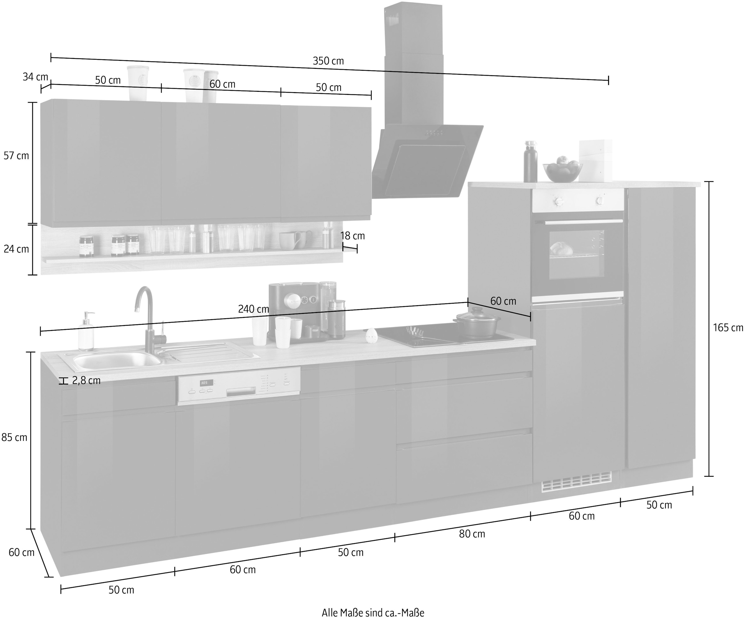 KOCHSTATION Küchenzeile »KS-Virginia«, Breite 350 cm, mit Glaskeramik-oder Induktionskochfeld