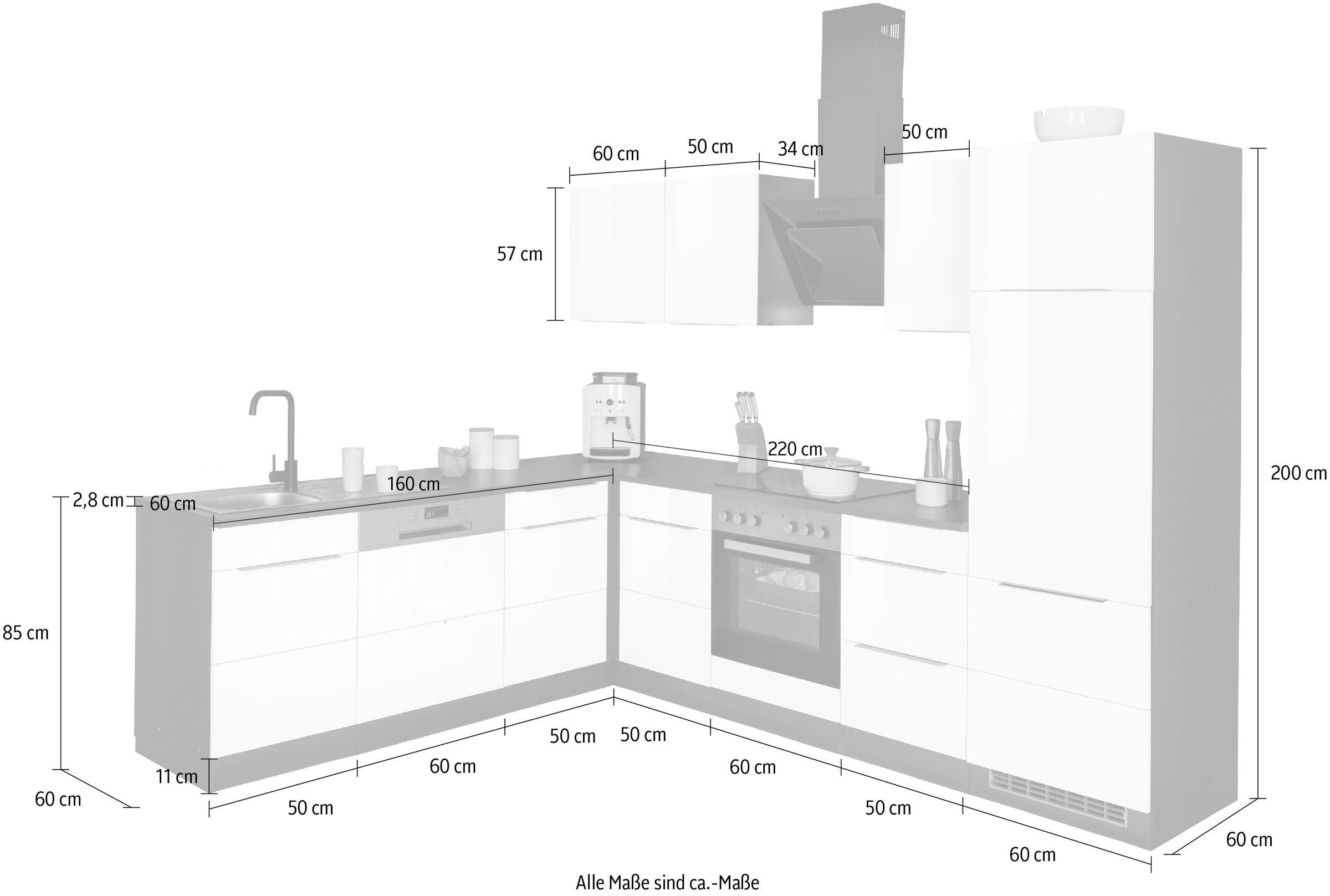 KOCHSTATION Winkelküche »KS-Brindisi«, Stellbreite 220/280 cm, wahlweise mit E-Geräten, mit MDF-Fronten