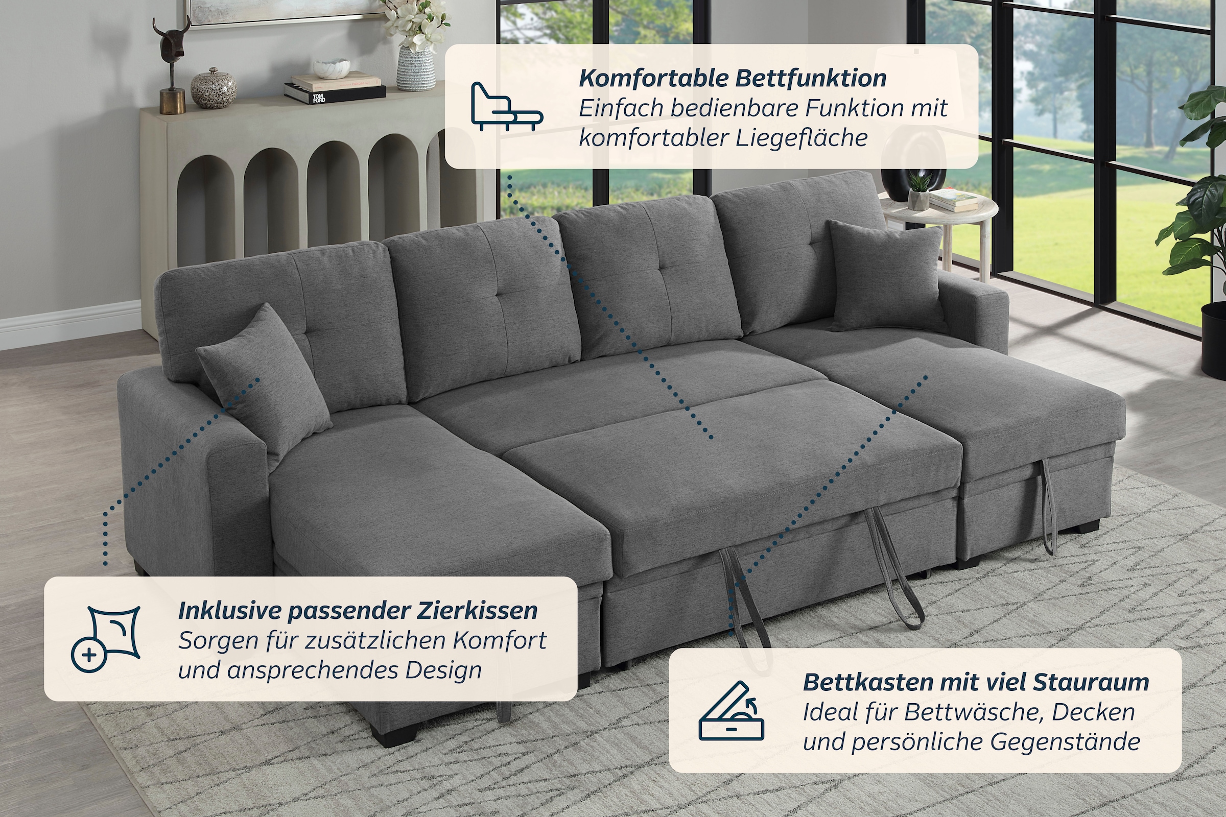 OTTO home Wohnlandschaft »Gerrit U-Form, Br. 282 cm Couch, Liegefl. 125x215 cm« mit Schlaffunktion, 2 Bettkästen & 2 Zierkissen