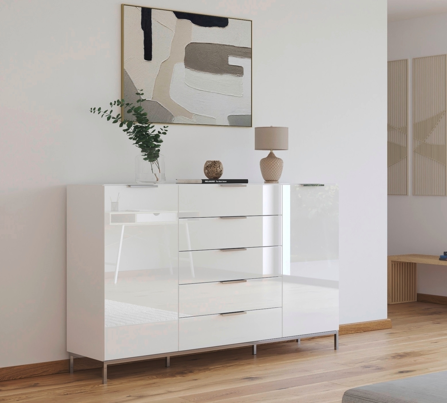rauch Schubkastenkommode »Kommode Türkommode Sideboard Kombikommode FLIPP mit Glasfront« Breite 160/180 cm mit 4 Einlegeböden,  2-türig, 5 Schubladen, Soft-Close, Oberboden und Front Glas, 2 Breiten