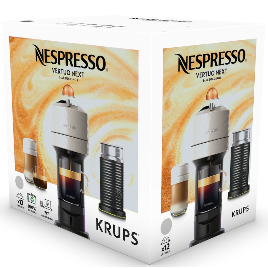 Nespresso Kapselmaschine »XN911B Vertuo Next Bundle«, Wassertankkapazität: 1,7 Liter, Kapselerkennung durch Barcode, 6 Tassengrößen, aus 54% recyceltem Kunststoff, inkl. Aerroccino Milchaufschäumer, Willkommenspaket mit 12 Kapseln