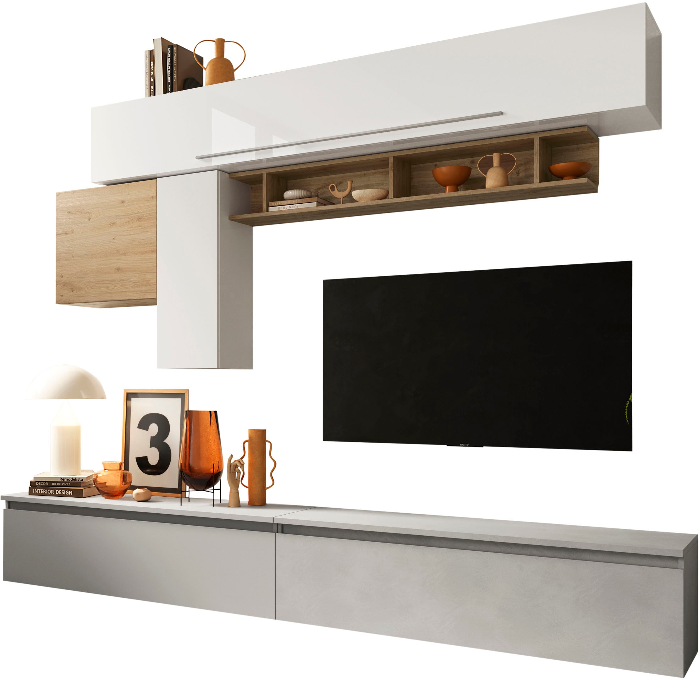 INOSIGN Wohnwand »INFINITY, 6tlg. Breite 262 cm, Höhe variabel, Schrankw., (2x Lowboard,«, (6 St.), Hängeschrank mit Griff, Hängeschrank, Hängewürfel, Wandregal)