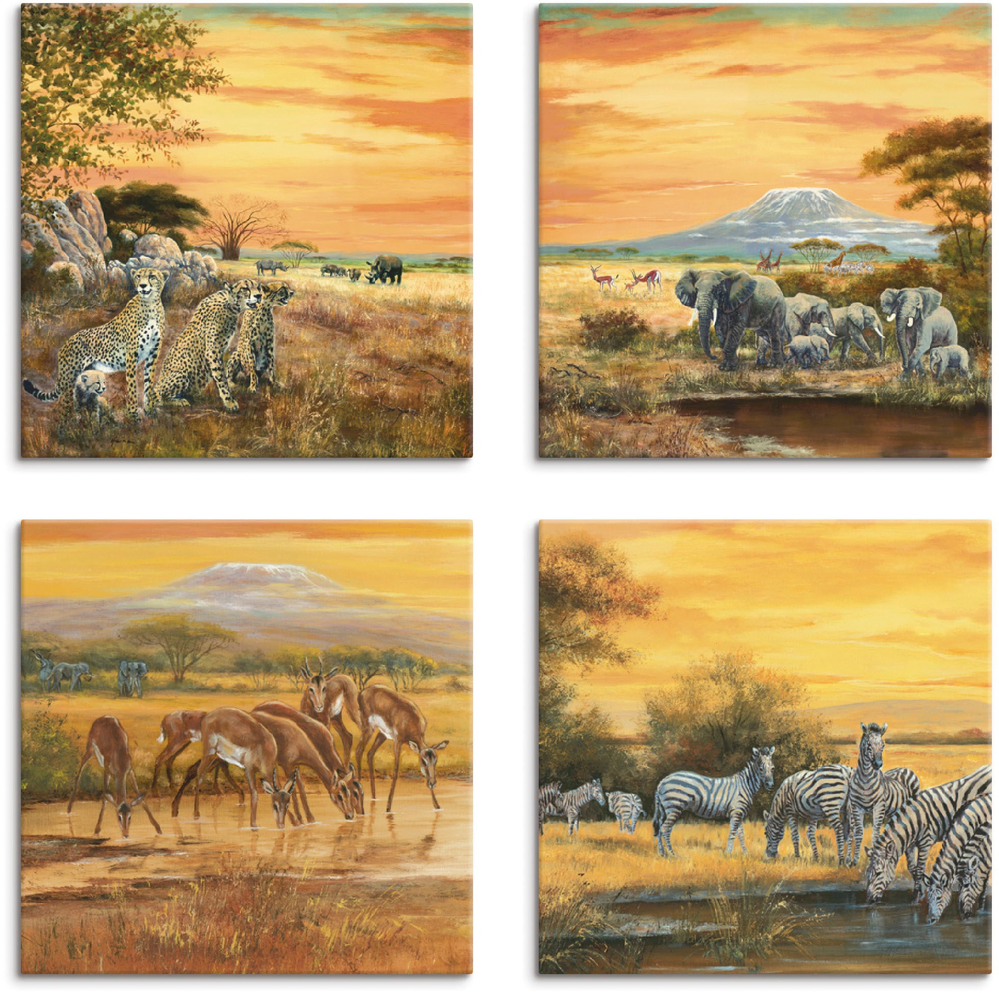 Leinwandbild »Geparden Elefanten Zebras in der Steppe«, Wildtiere, (4 St.), 4er Set,...