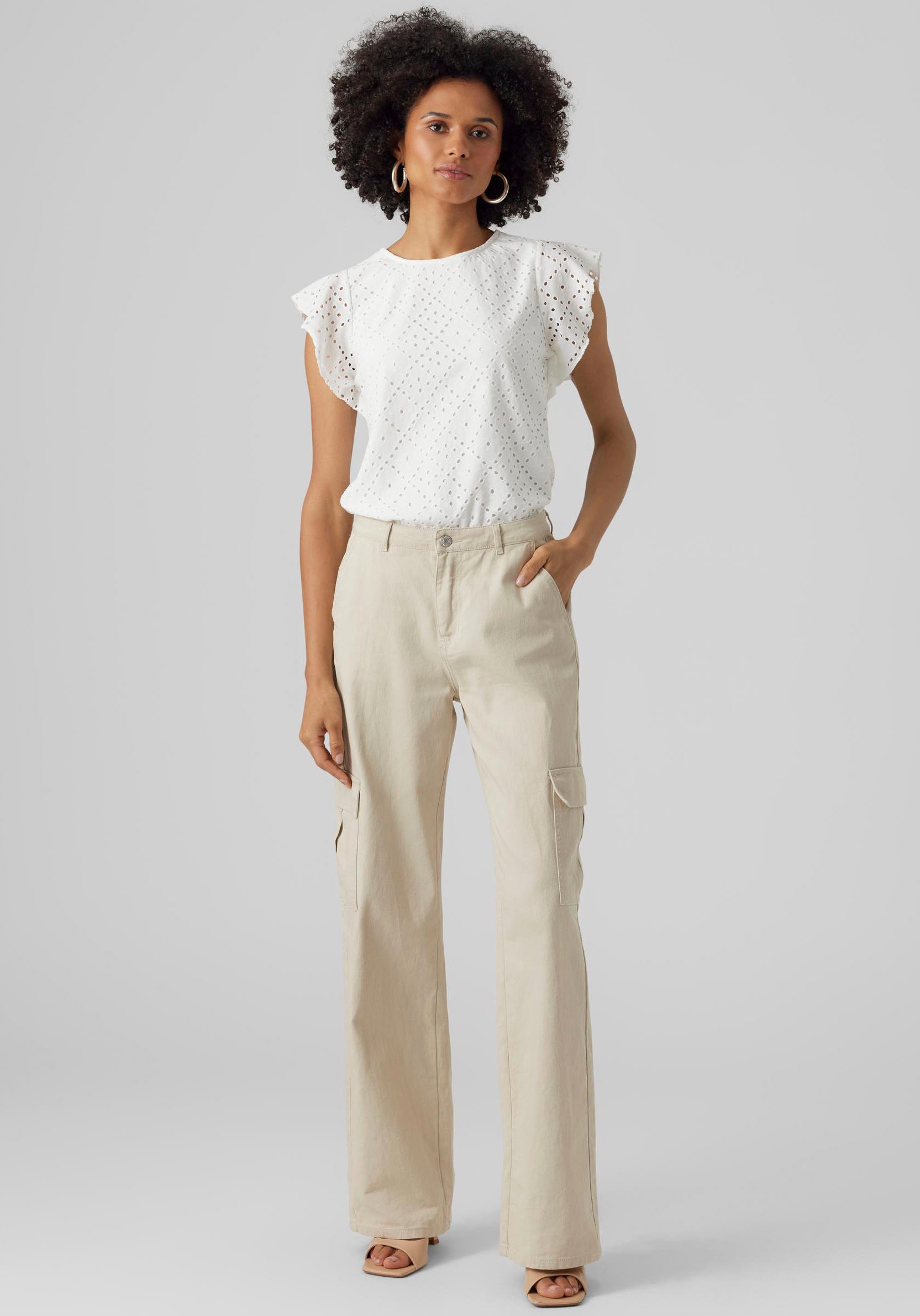 Vero Moda Rundhalsshirt »VMTASSA SL FRILL TOP NOOS« Materialmix, loose fit