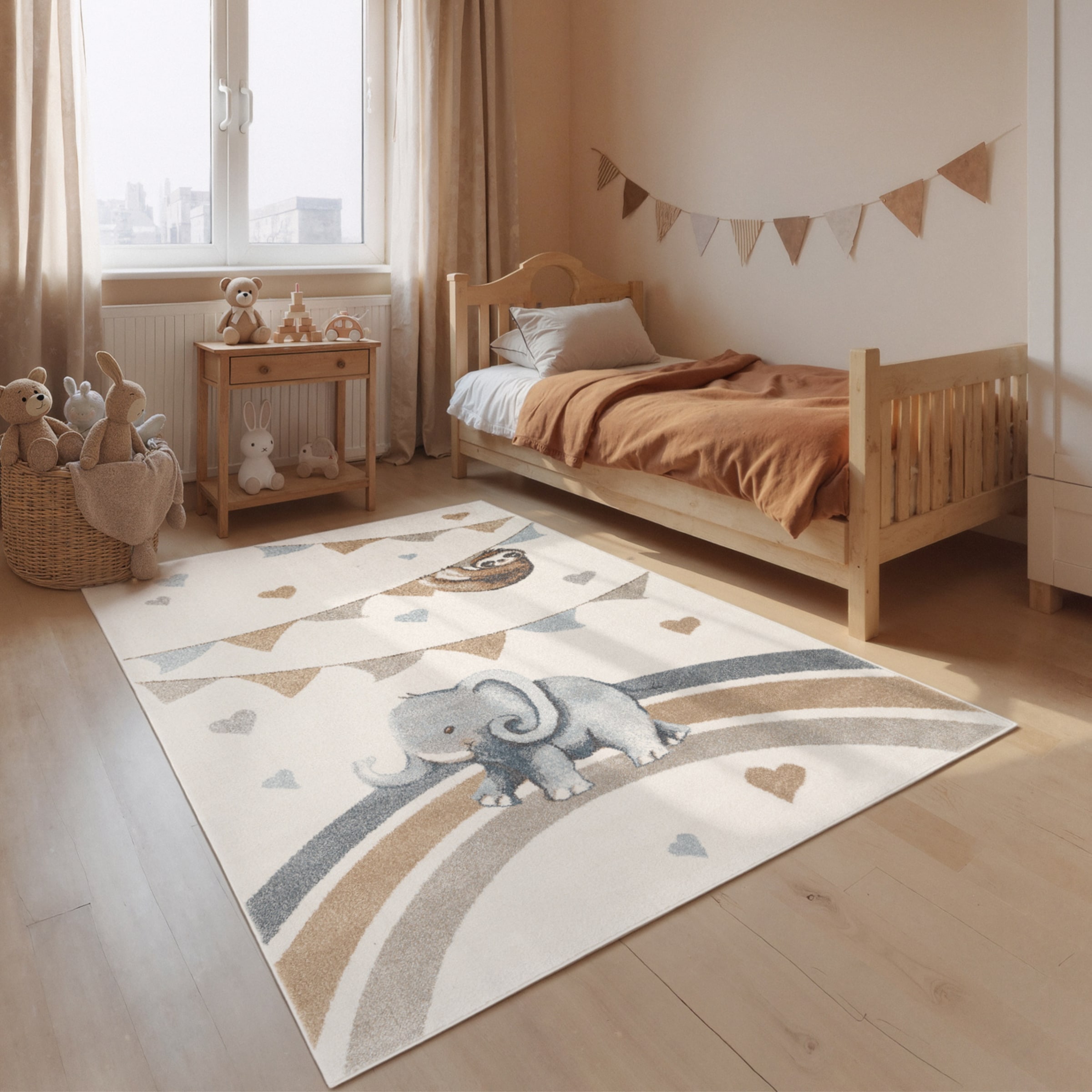 THE RUGS Villeroy & Boch Elephant Rainbow Party Boho Rug & Runner Kids Rug in Cream | Size: 120cm x 170cm