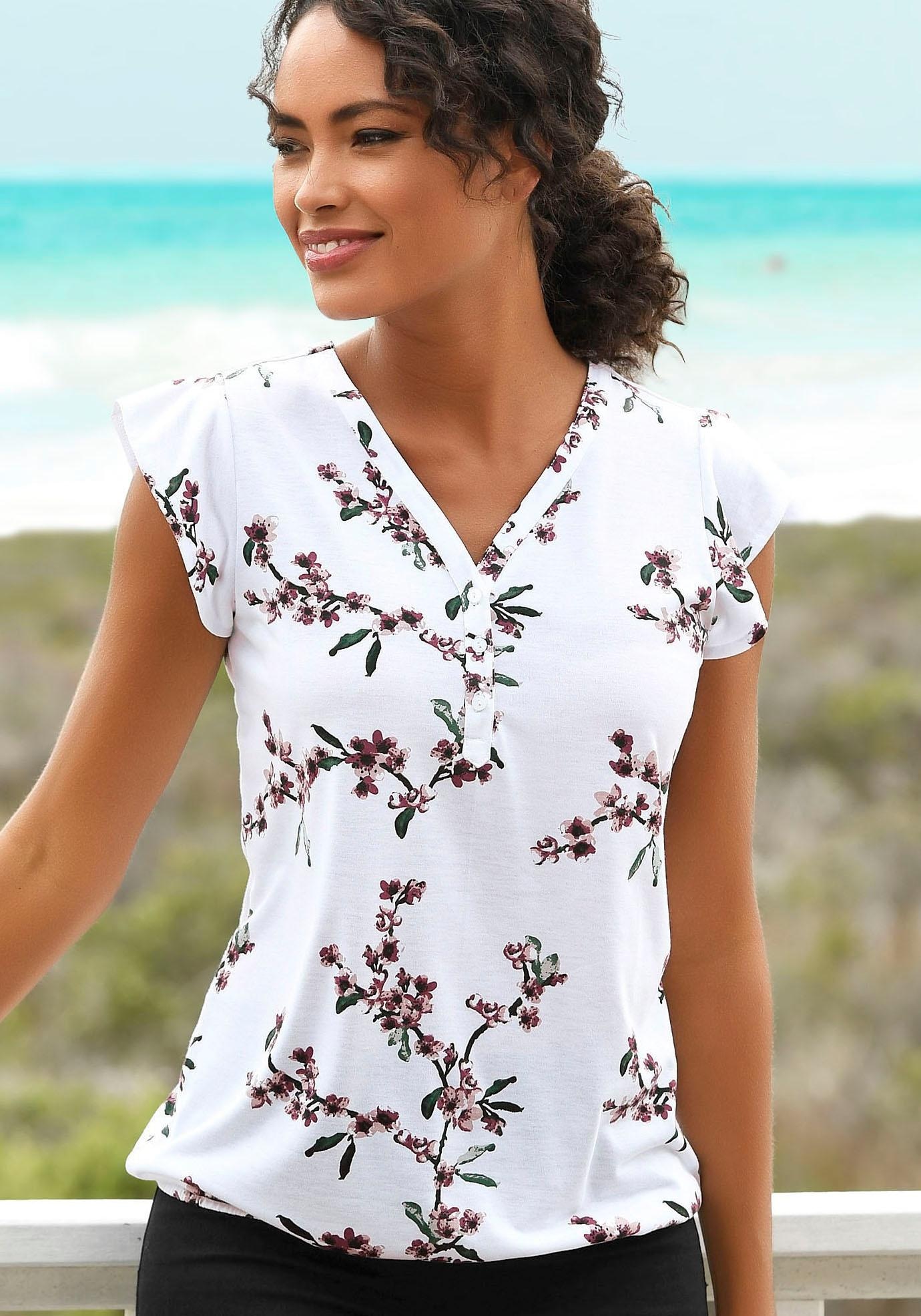 LASCANA Shirttop, (2er-Pack), mit kleinen und ♕ bei floralem Druck Flügelärmelchen
