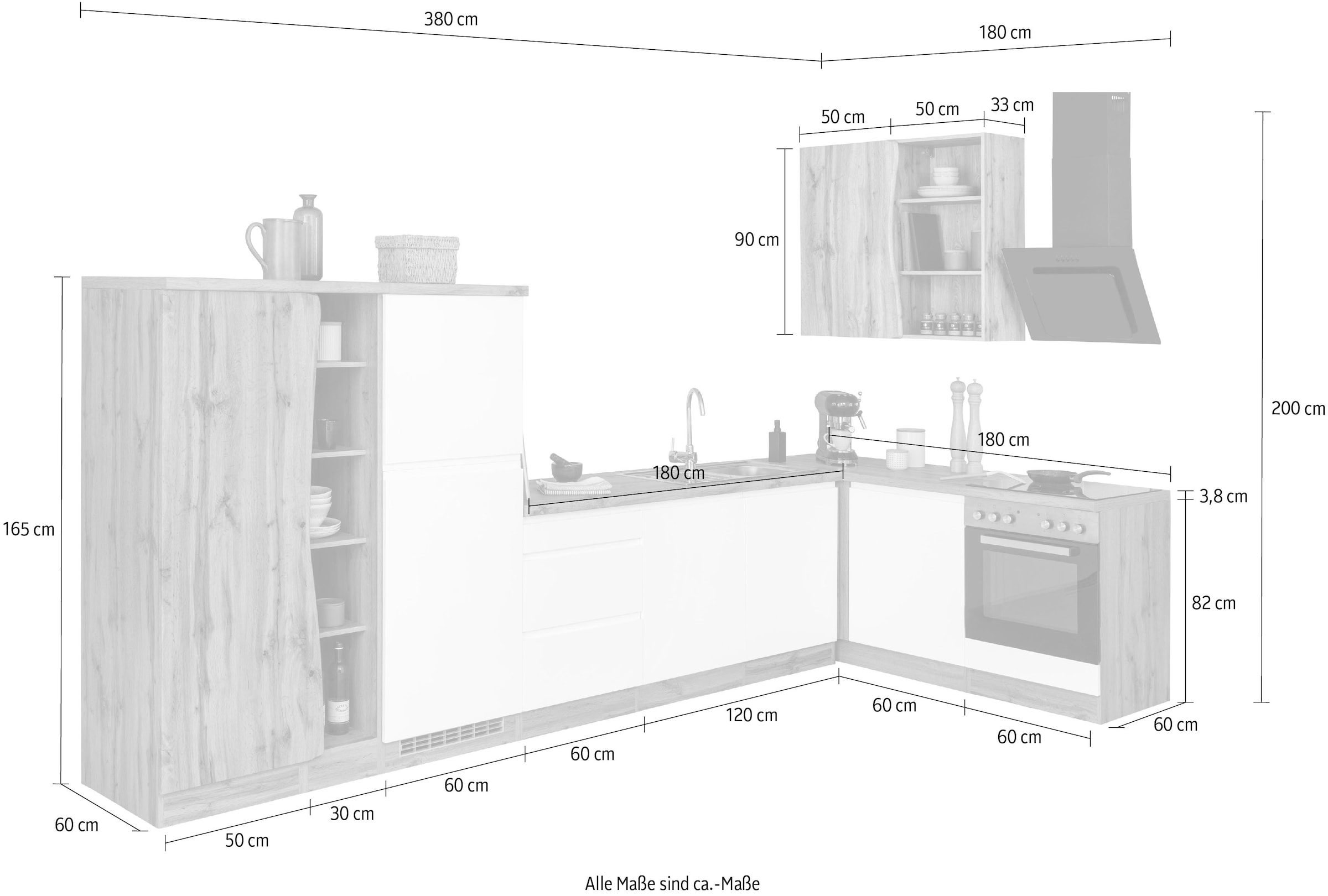HELD MÖBEL Küche »Bruneck«, Stellbreite 380/180 cm breit, wahlweise mit  oder ohne E-Geräte, MDF bequem kaufen