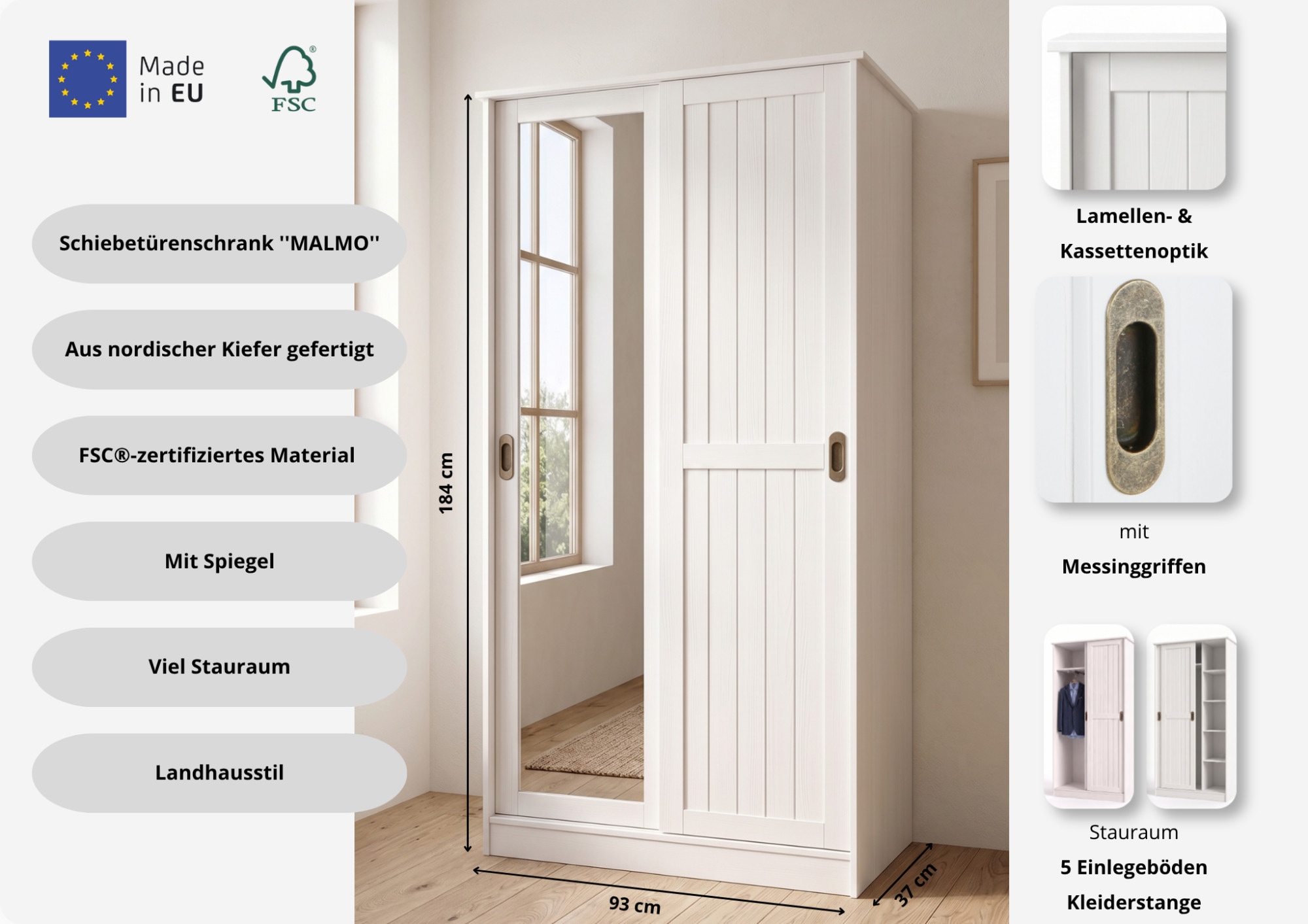 OTTO home Garderobenschrank »Malmö Mehrzweckschrank mit Schiebetüren und Spiegel« aus massiver FSC®-zertifizierter Kiefer, B/T/H 93/37/187 cm
