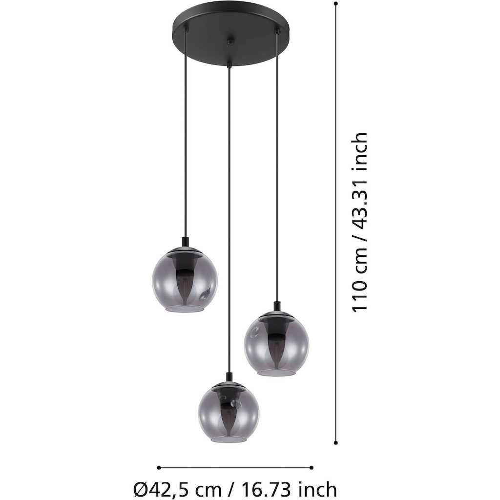 EGLO Pendelleuchte »ARISCANI«, 3 flammig-flammig, Pendelleuchte Esstisch, Hängeleuchte, Rauchglas schwarz, E27, 76,5 cm