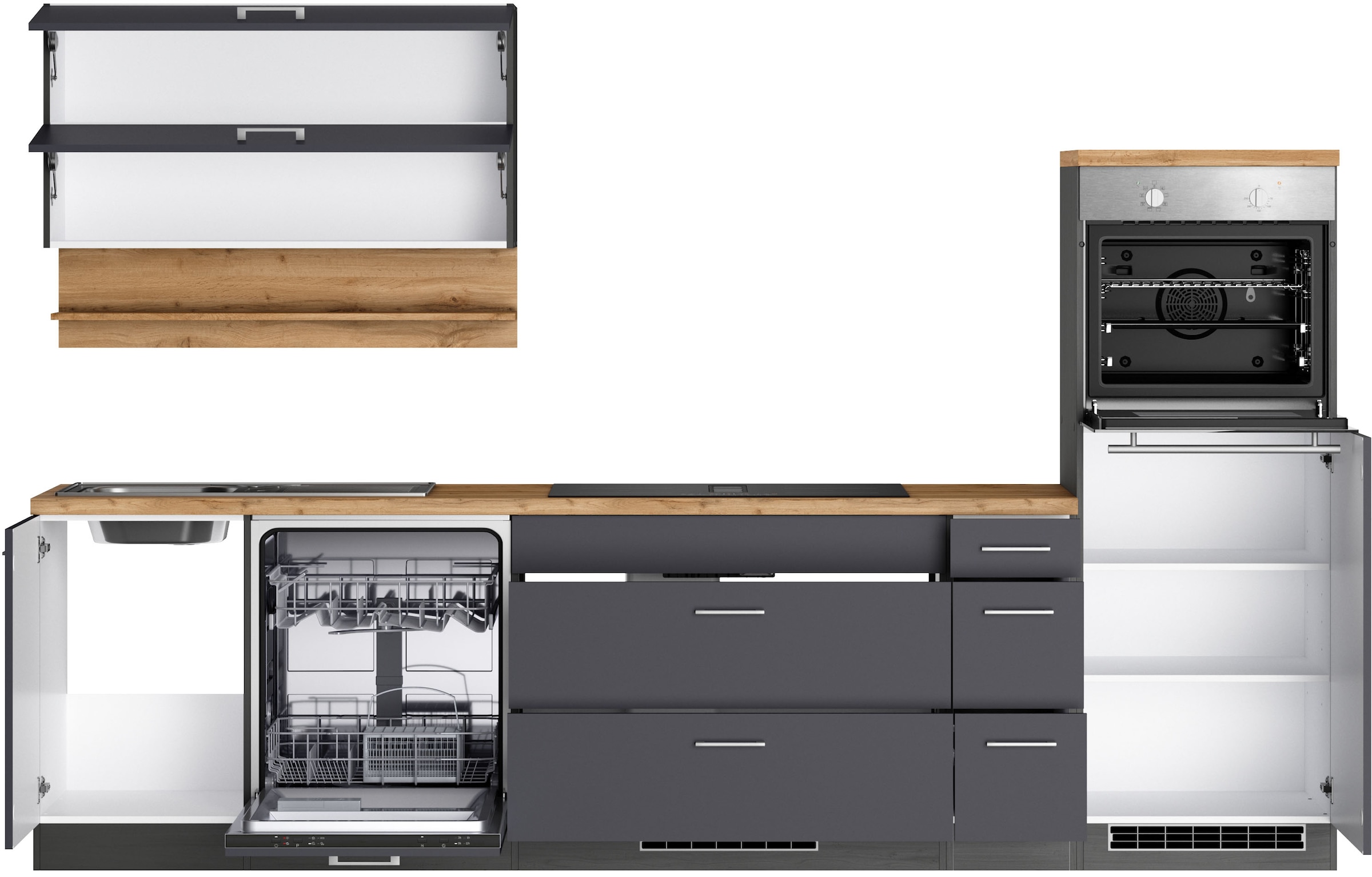 KOCHSTATION Küchenzeile »KS-Milan, optional mit Muldenlüfter« Breite 300 cm, wahlweise mit E-Geräten, Kochfeld mit Dunstabzug