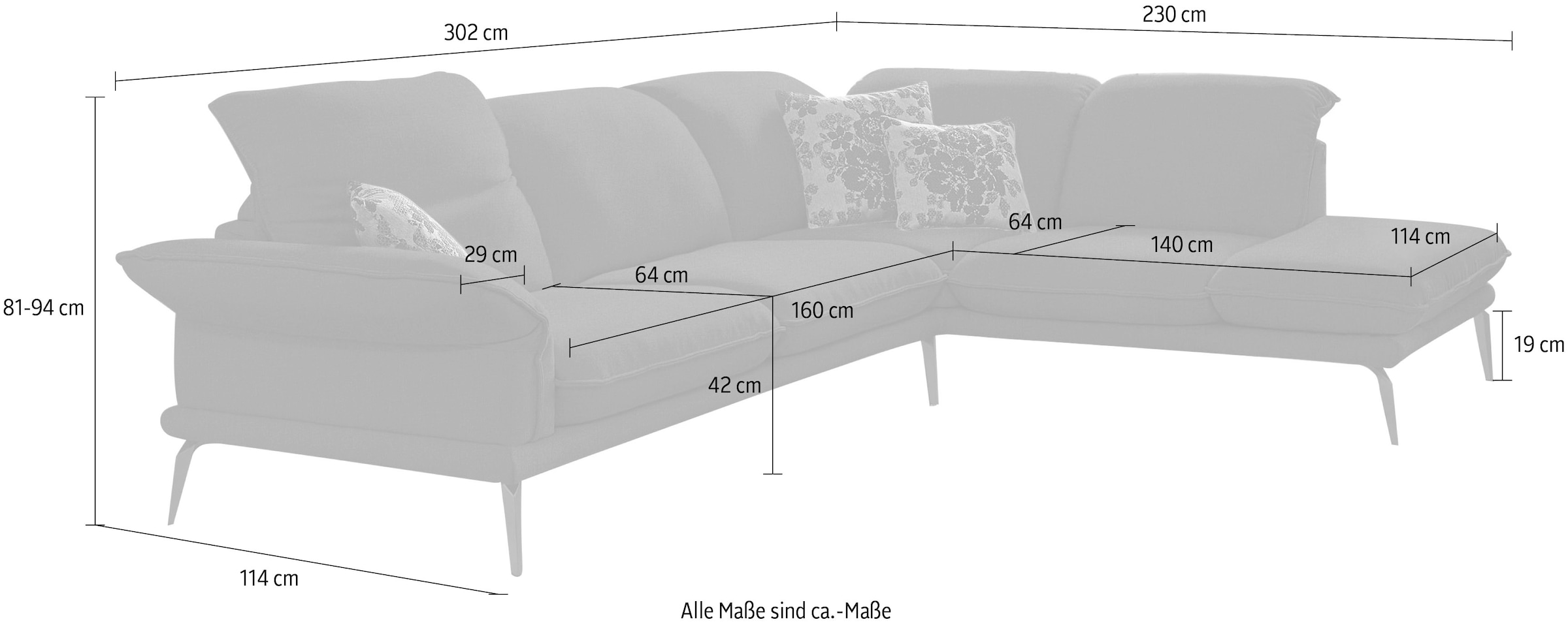 W.SCHILLIG Ecksofa »sherry, Designsofa mit tollem Sitzkomfort, elegant und zeitlos, L-Form«, mit Kopfstützenverstellung, Winkelfüße in Schwarz, Breite 302 cm