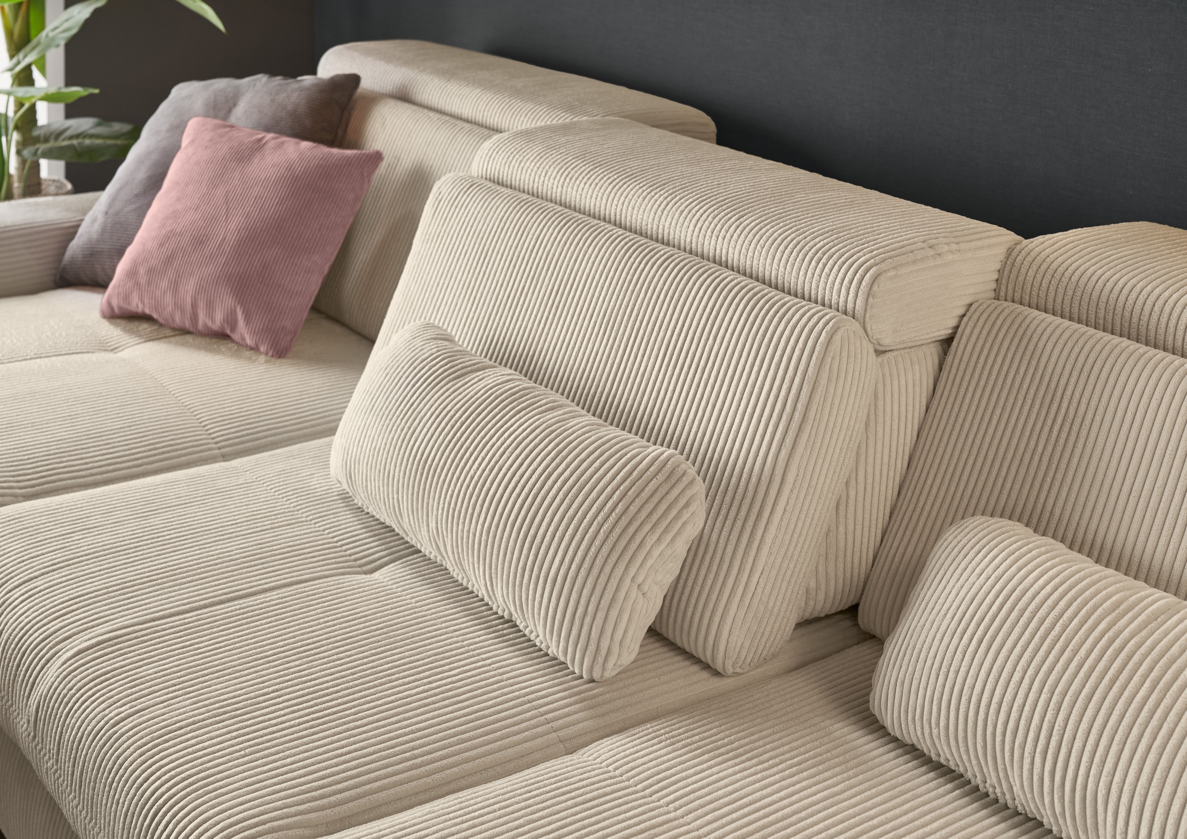 set one by Musterring Ecksofa »SO 3400 Sitzhöhe 47cm oder 49cm, Sitztiefe verstellbar, B/T: 307/195cm«, whlw. mit Funktion, Kaltschaum, in Cord, natur, Sitzhöhe 47