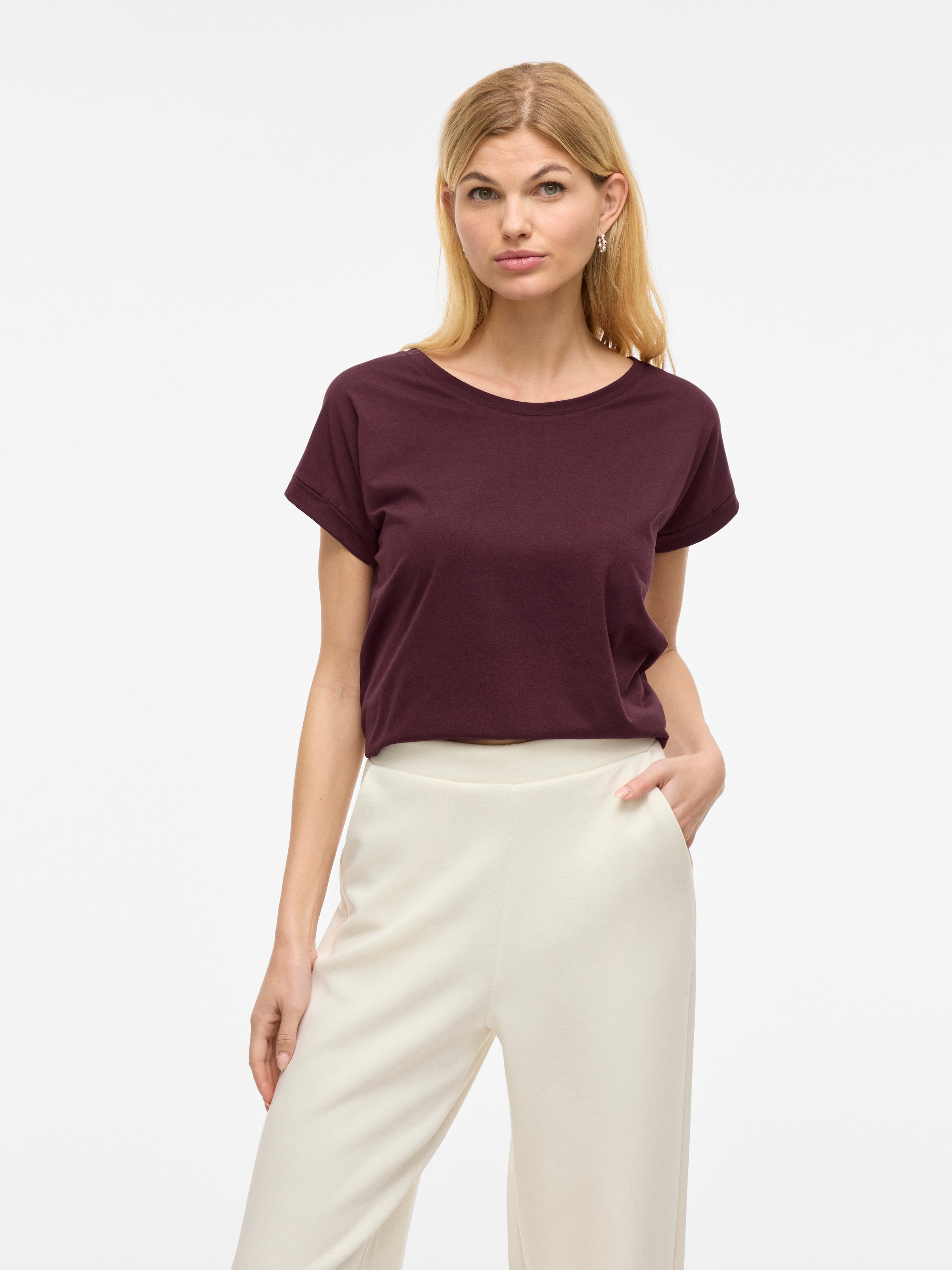Vila Rundhalsshirt »VIDREAMERS NEW PURE T-SHIRT/SU-NOOS«, Basic Damen-T-Shirt mit Rundhalsausschnitt und umgeschlagenen Ärmeln