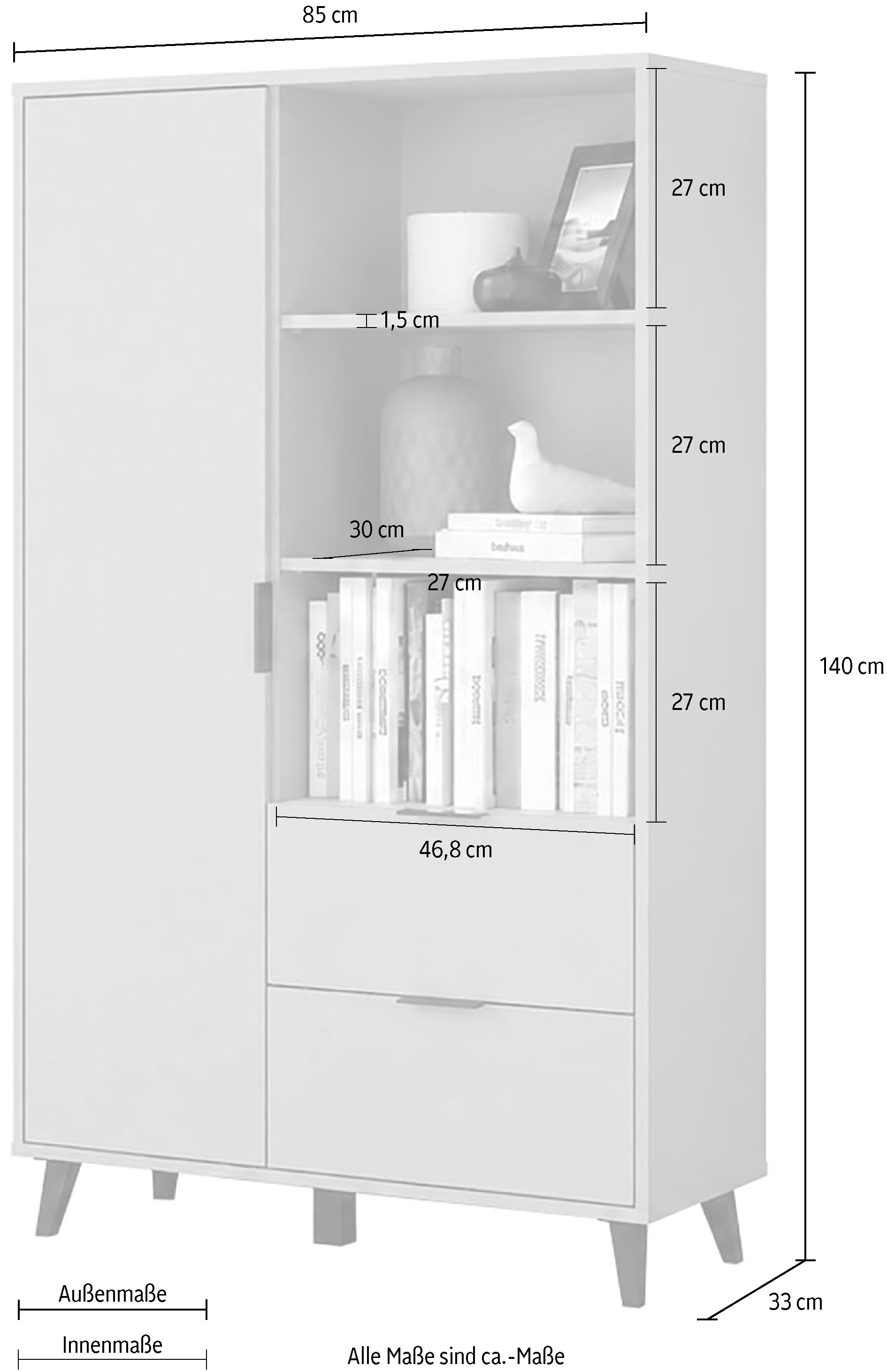 OTTO home Highboard »Oslo, B/H/T: 85/140/33 cm« 1 Stk. tlg. Schublade, höhenverstellbare Einlegeböden, schwarze Metallgriffe