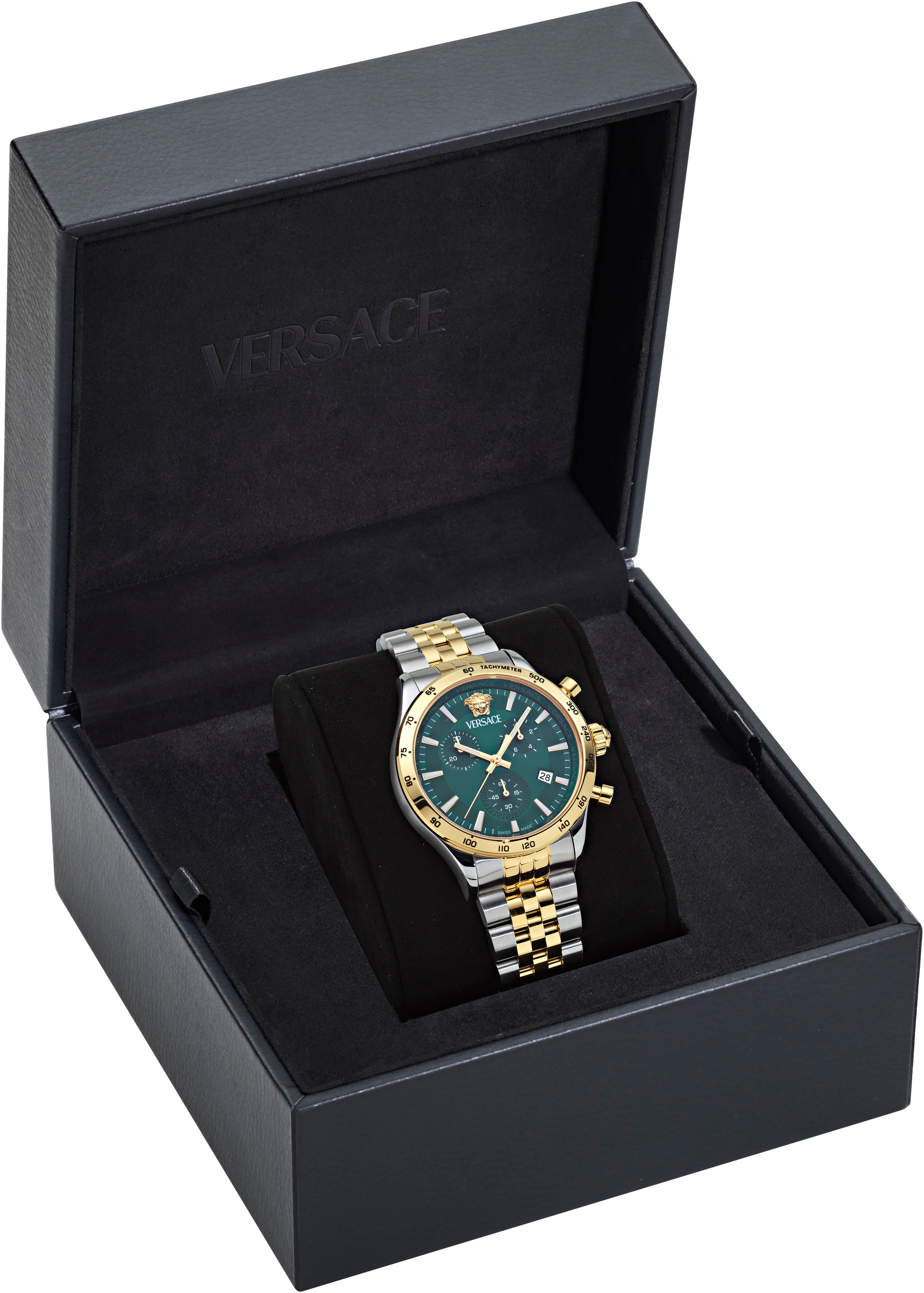 Versace Chronograph »HELLENYIUM CHRONO PETITE«, Quarzuhr, Armbanduhr, Herrenuhr,Swiss Made,Edelstahlband,Stoppfunktion