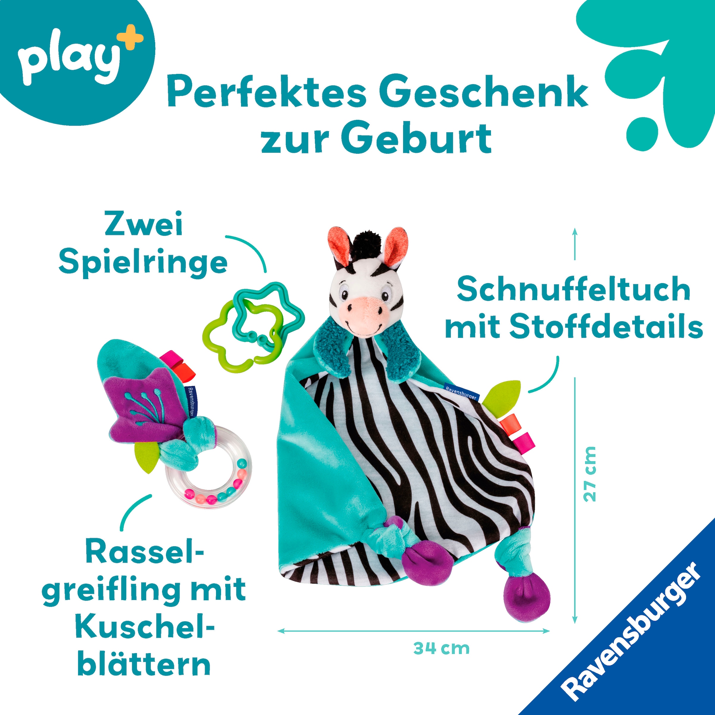 Ravensburger Greifspielzeug »Play+ Fühlen, rasseln, spielen (Geschenk-Set: Zebra)«