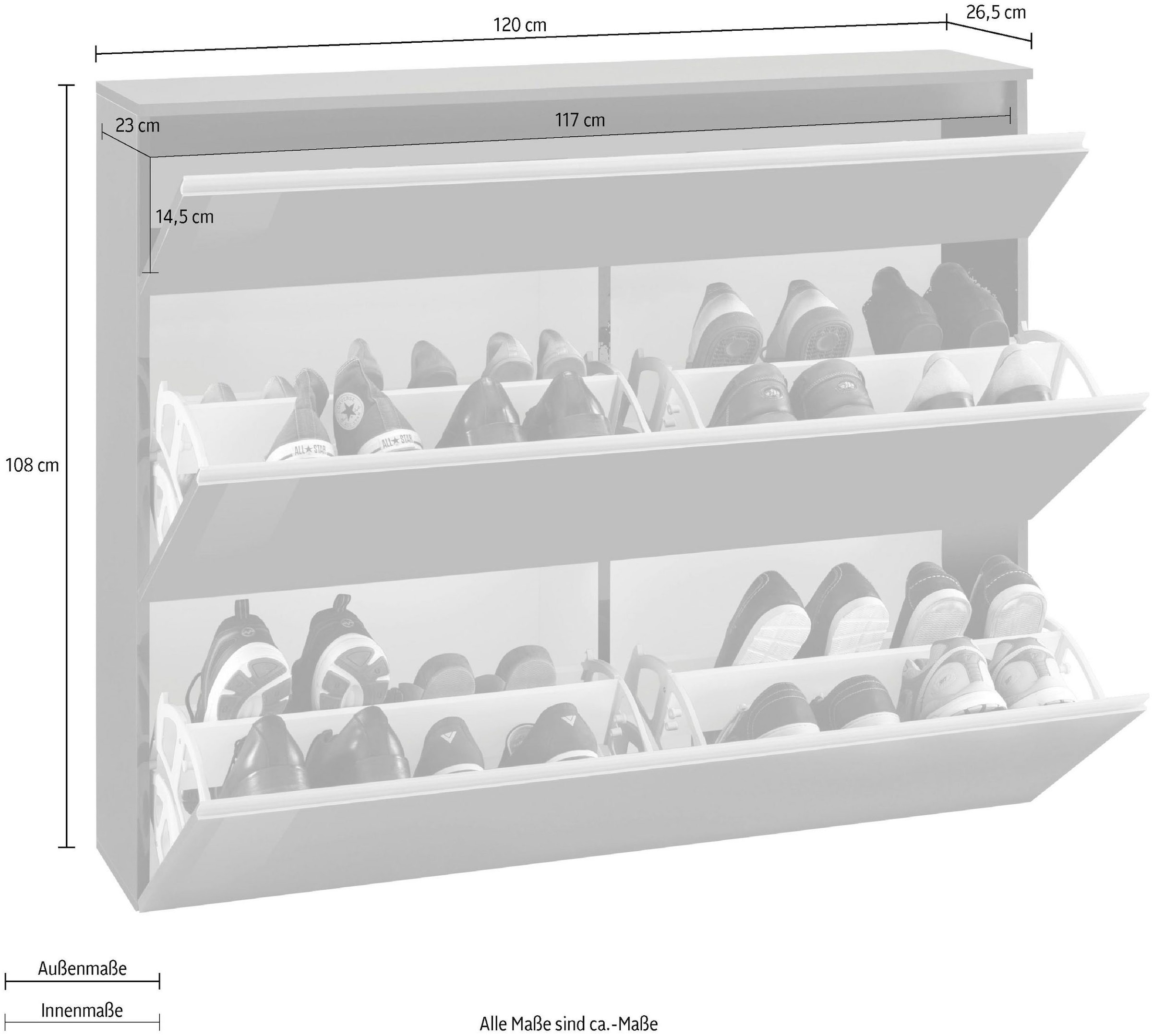 INOSIGN Schuhschrank »Magic Schuhschrank, Schuhkommode, Schuhregal, softgriff« 3 Klappen,Doppelschuhtrommeln,hochglanz lackiert oder matt,Breite 120