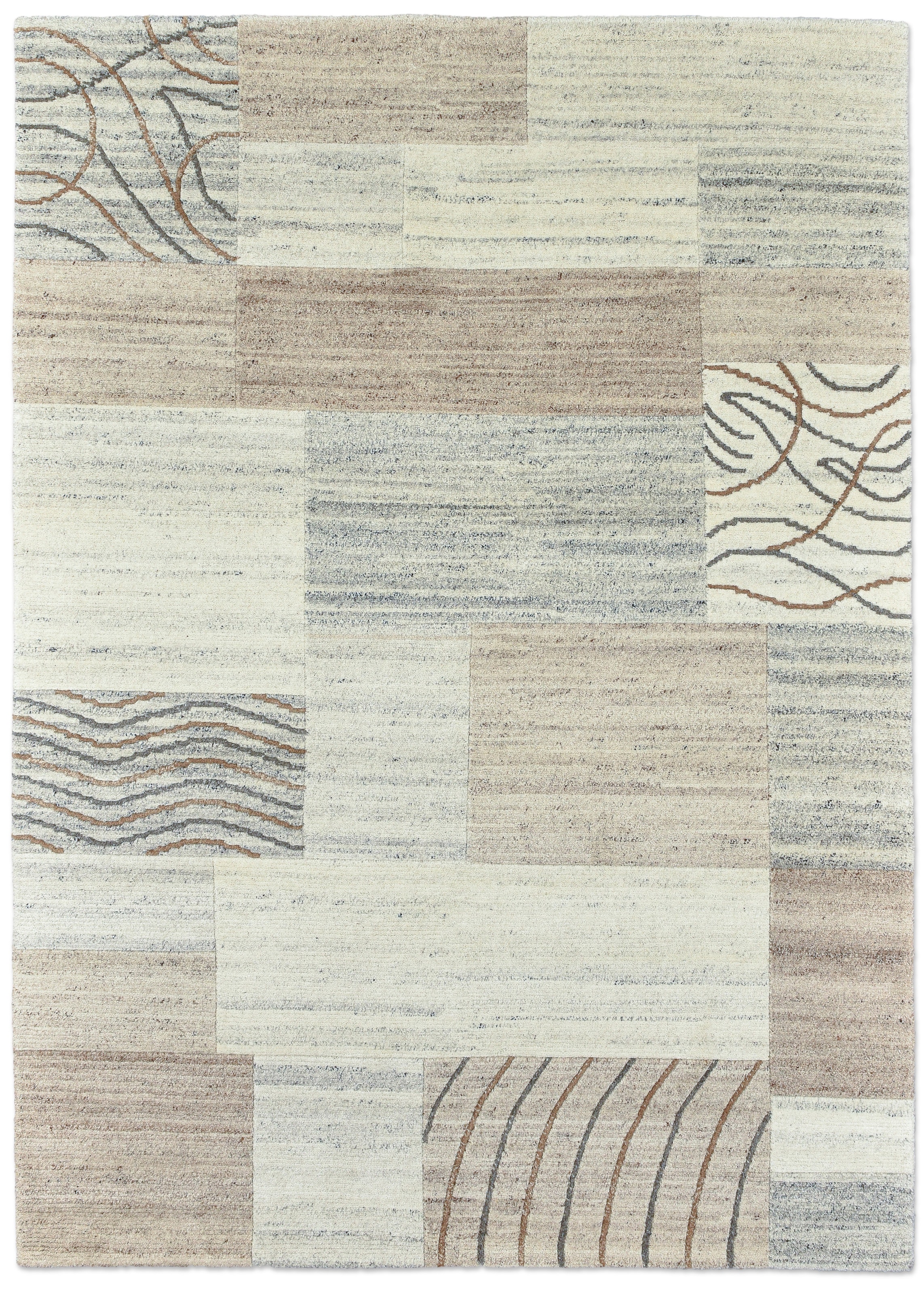 THEKO Wollteppich »Nakarta 2« rechteckig 12 mm Höhe reine Wolle, handgeknüpft, Naturtöne, Patchworkdesign, meliert